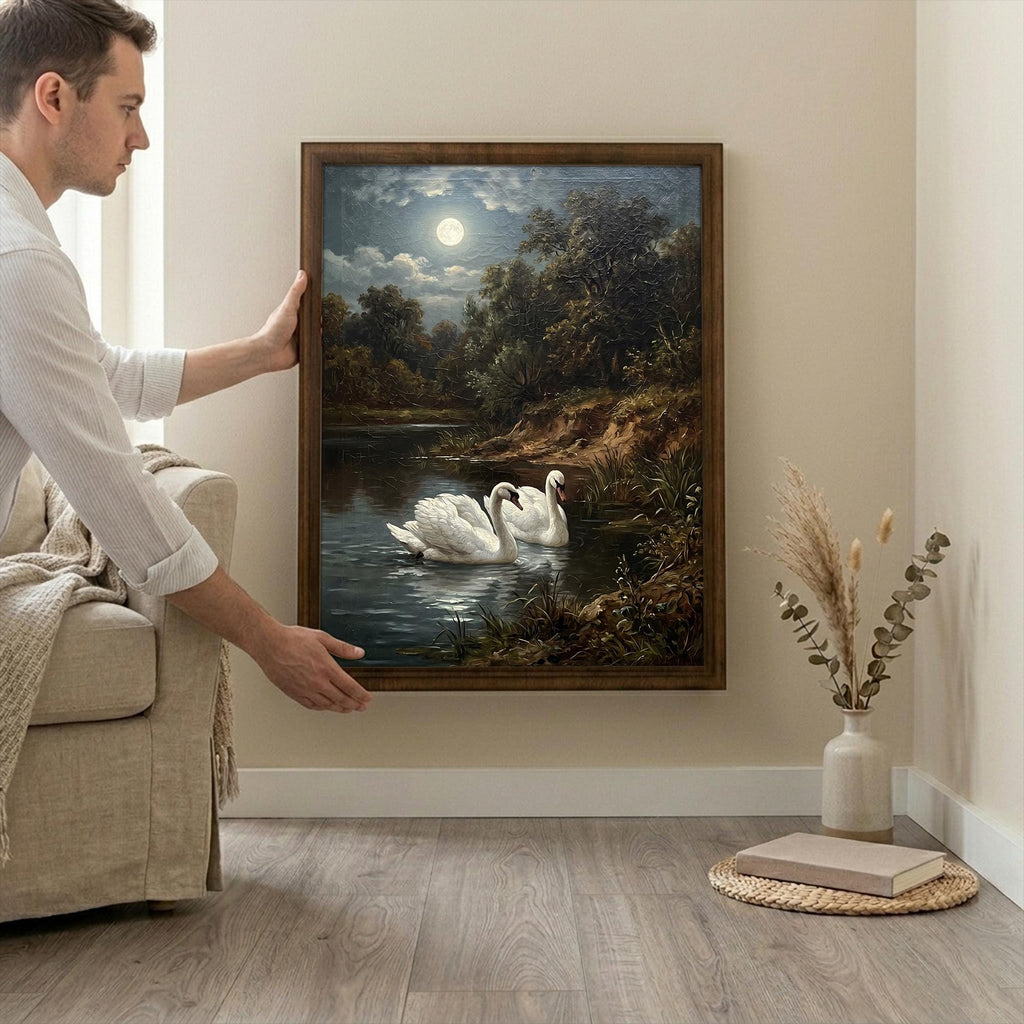 Framed Vintage Swan Painting, Moonlight Oil Painting Canvas, Antique Moon Wall Art, Dark Academia Decor, Night Landscape Cottagcore