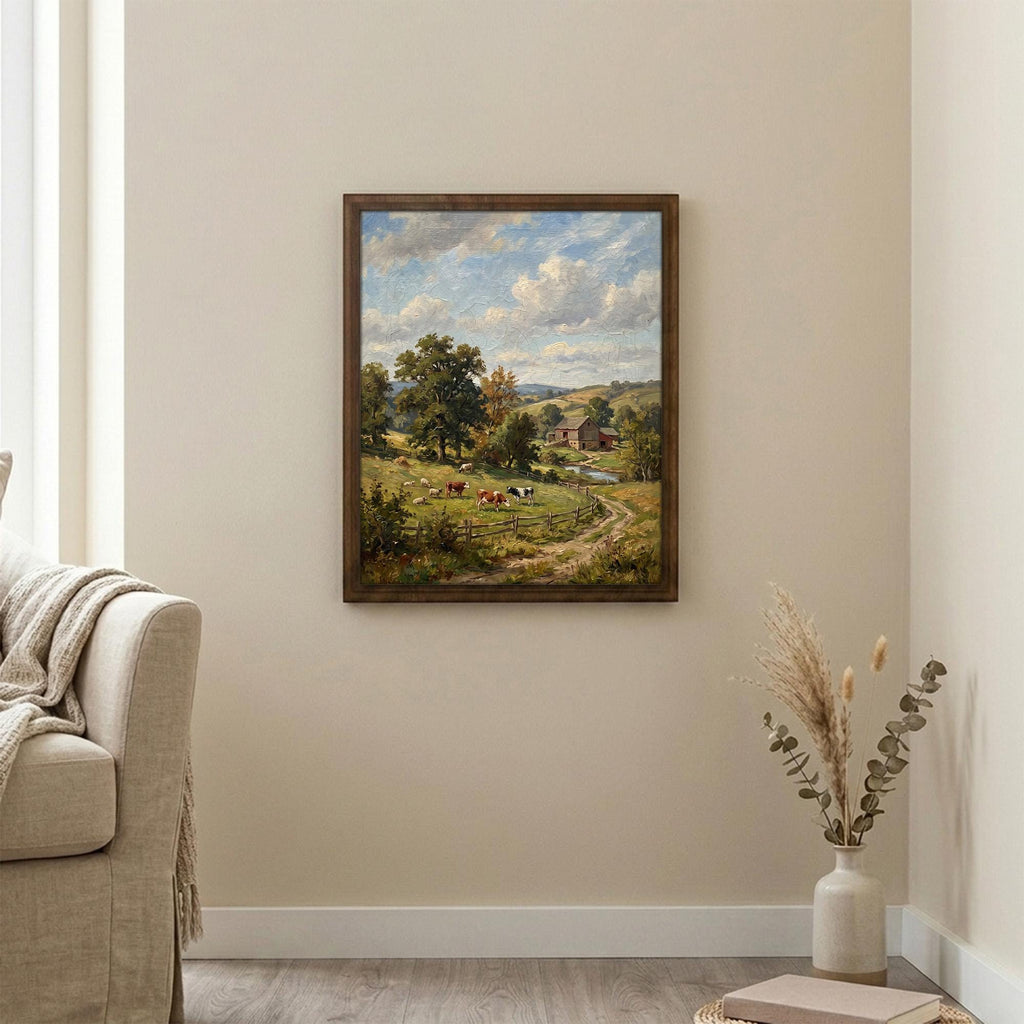 Cow Oil Painting, Farmhouse Wall Decor, Countryside Landscape Art, Framed Canvas Wood Art, Cottagecore Decor, Rustic Nature, Barn Print