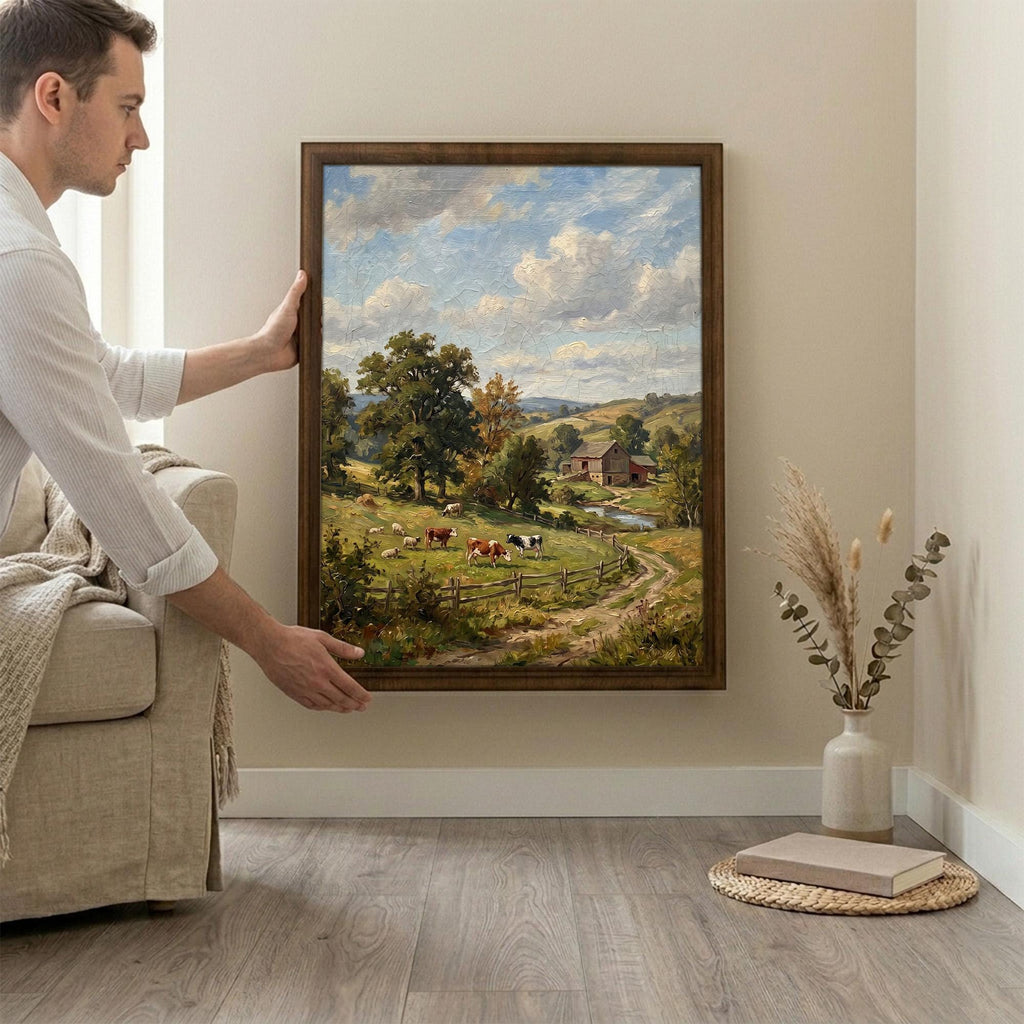 Cow Oil Painting, Farmhouse Wall Decor, Countryside Landscape Art, Framed Canvas Wood Art, Cottagecore Decor, Rustic Nature, Barn Print