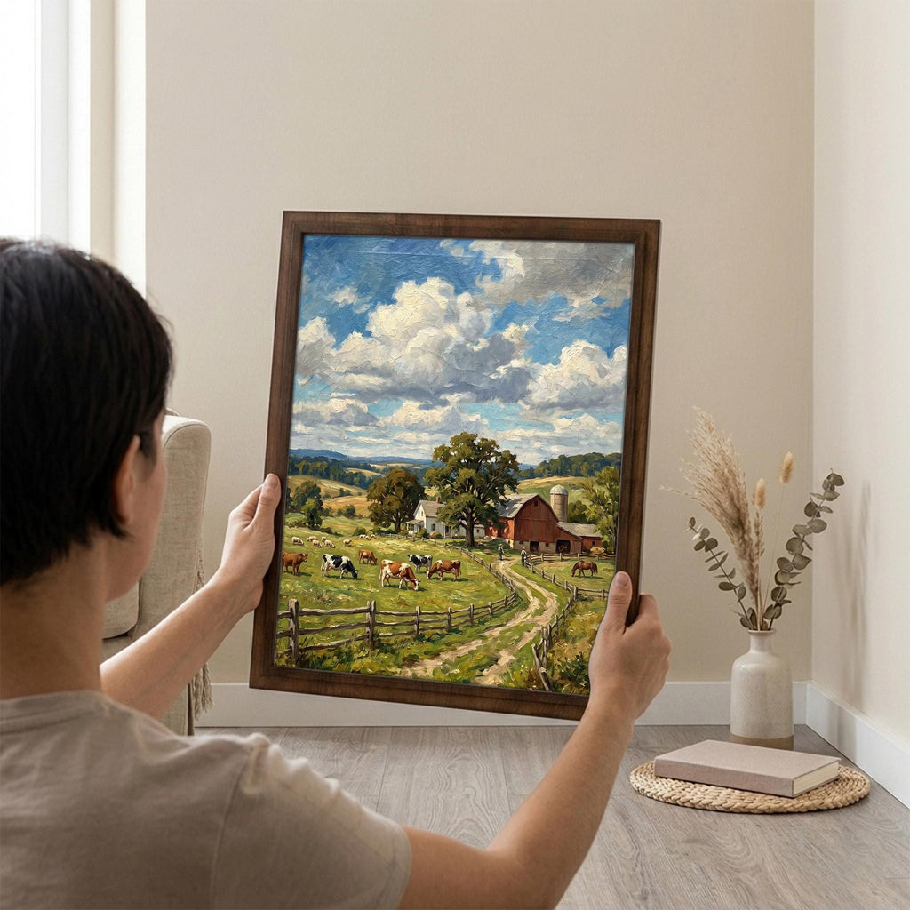 Farmhouse Wall Art, Countryside Landscape Art, Red Barn Painting, Framed Canvas Wood Art, Cottagecore Decor, Rustic Nature, Cow Print