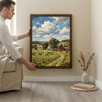 Farmhouse Wall Art, Countryside Landscape Art, Red Barn Painting, Framed Canvas Wood Art, Cottagecore Decor, Rustic Nature, Cow Print
