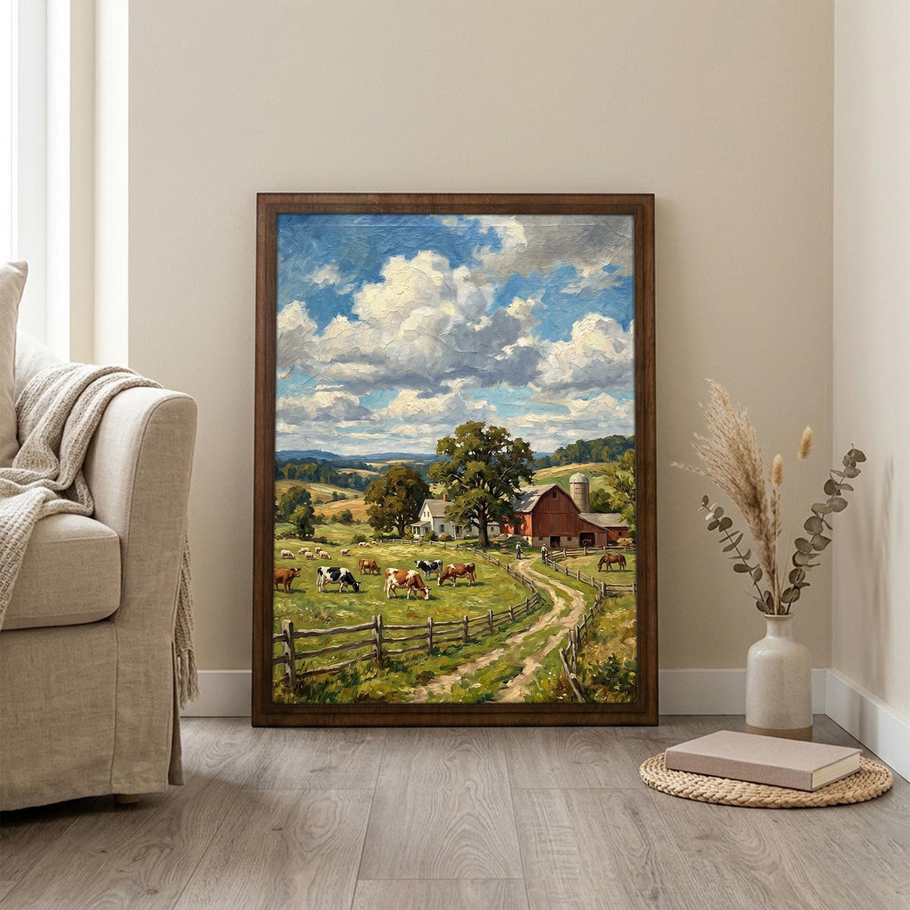 Farmhouse Wall Art, Countryside Landscape Art, Red Barn Painting, Framed Canvas Wood Art, Cottagecore Decor, Rustic Nature, Cow Print