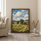 Farmhouse Wall Art, Countryside Landscape Art, Red Barn Painting, Framed Canvas Wood Art, Cottagecore Decor, Rustic Nature, Cow Print