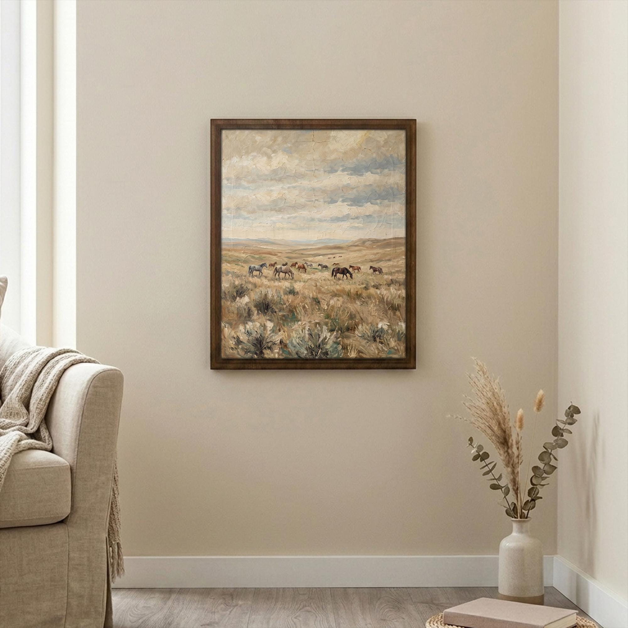 Wild horse wall art, Western landscape print, Running horses painting, Vintage southwest decor, Rustic farmhouse sign, Framed wood canvas
