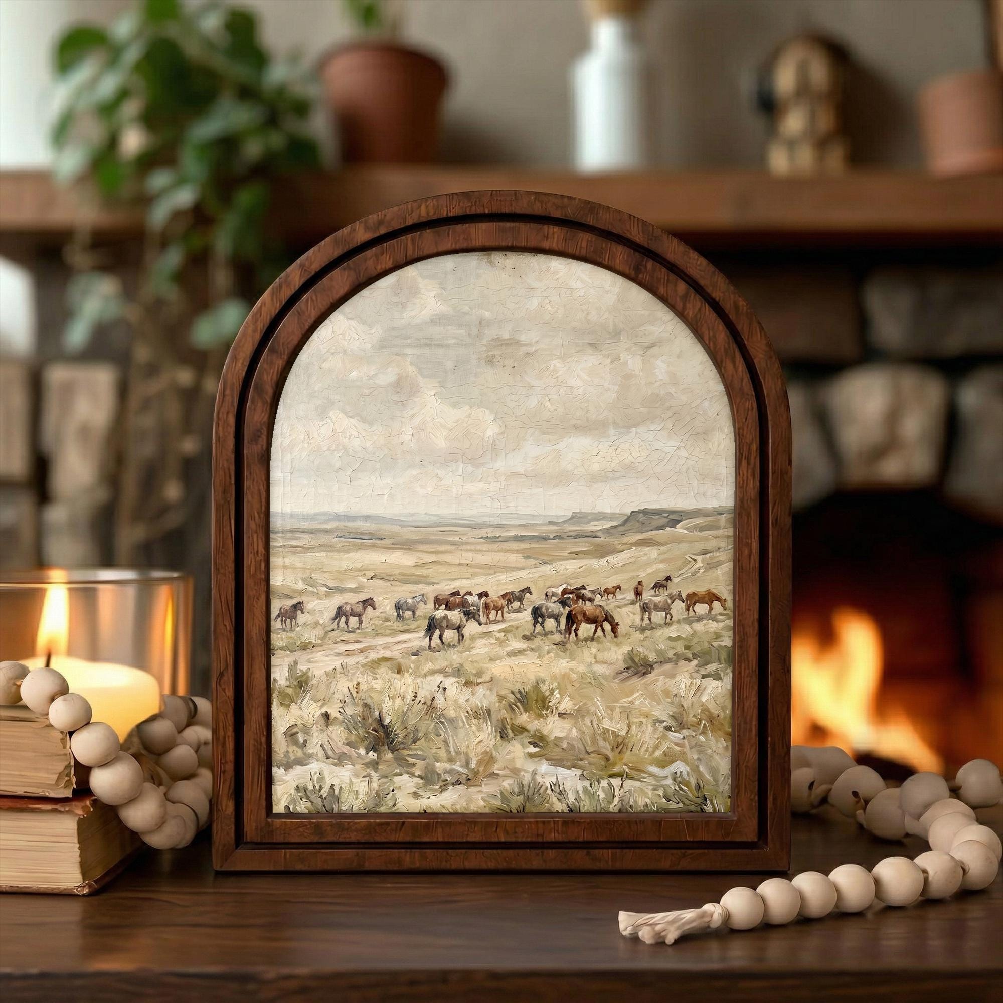 Wild Horses Painting, Western Landscape Wall Art, Arched Wood Frame Decor, Rustic Prairie Canvas Print, Vintage Farmhouse Artwork,Horse Herd