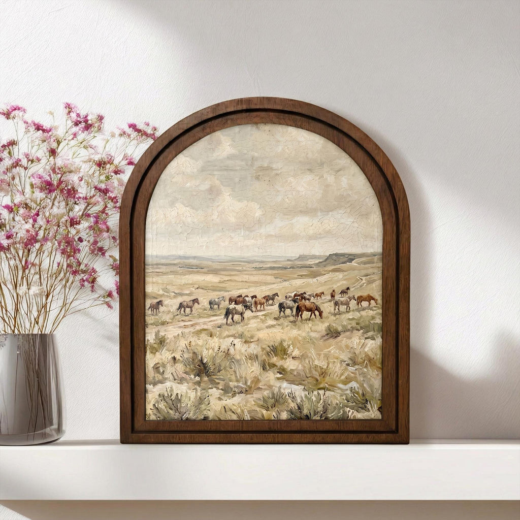 Wild Horses Painting, Western Landscape Wall Art, Arched Wood Frame Decor, Rustic Prairie Canvas Print, Vintage Farmhouse Artwork,Horse Herd