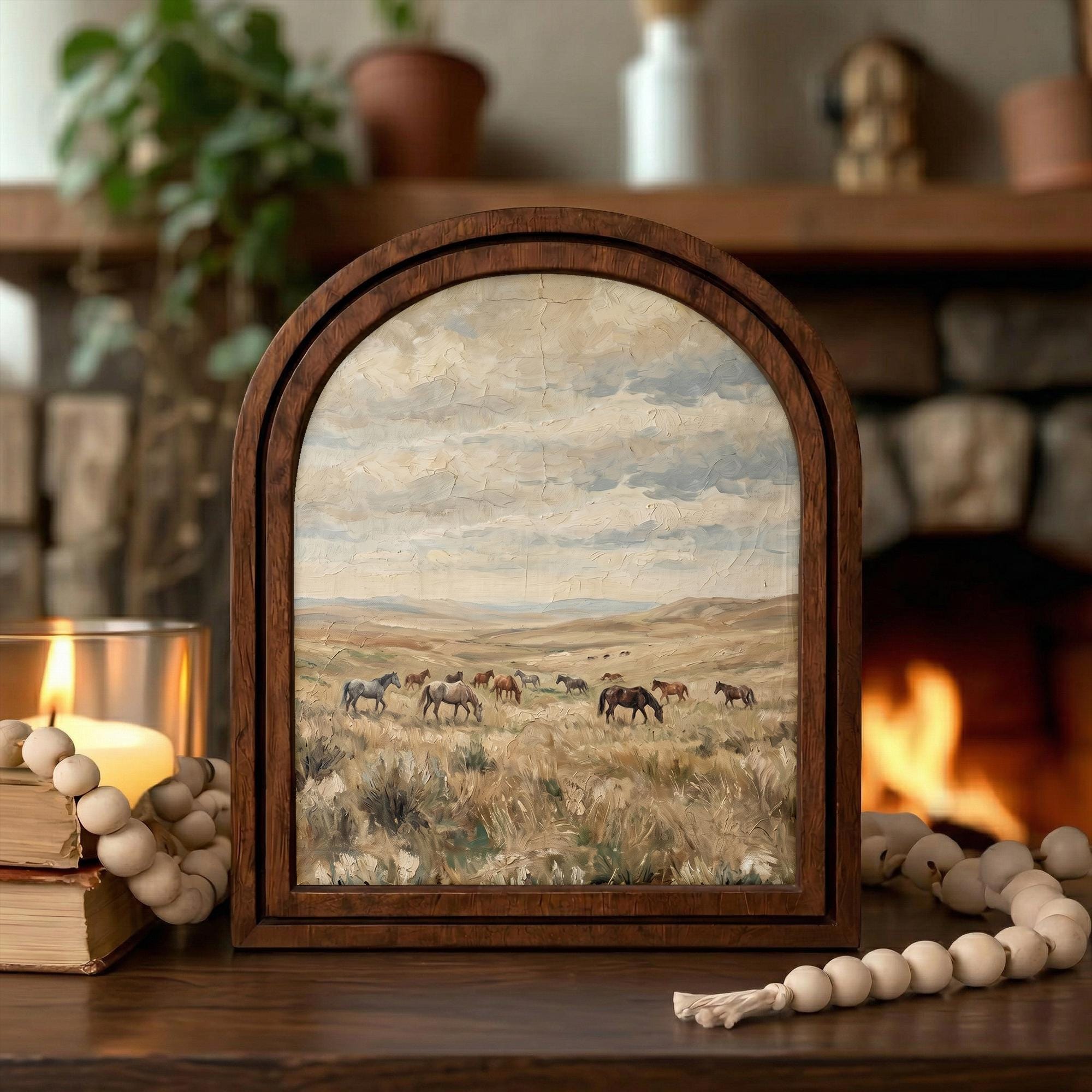 Wild Horses Painting, Western Landscape Wall Art, Arched Wood Frame Decor, Rustic Prairie Canvas Print, Vintage Farmhouse Artwork,Horse Herd