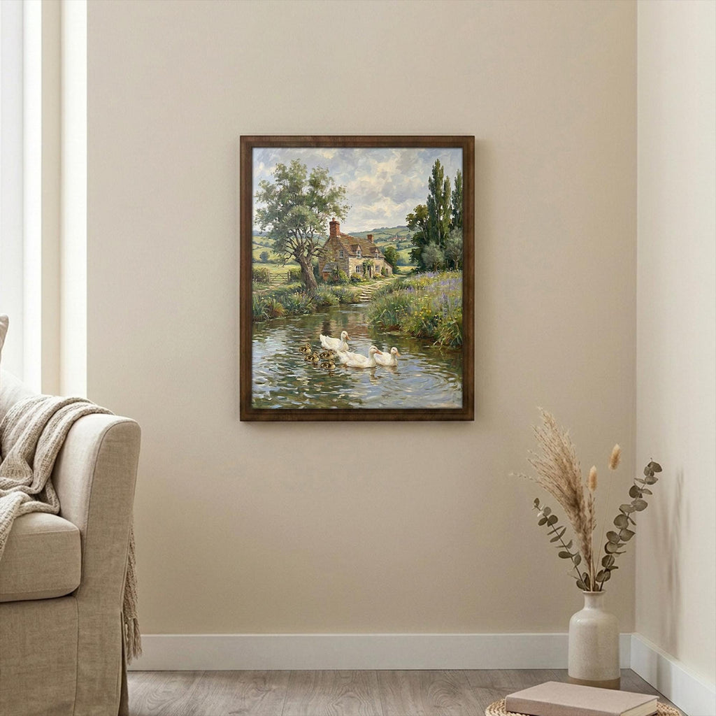 Duck Oil Painting, Countryside Landscape Wall Art, Farmhouse Decor, Framed Canvas Wood Art, Cottagecore Decor, Rustic Nature Art, Duck Print