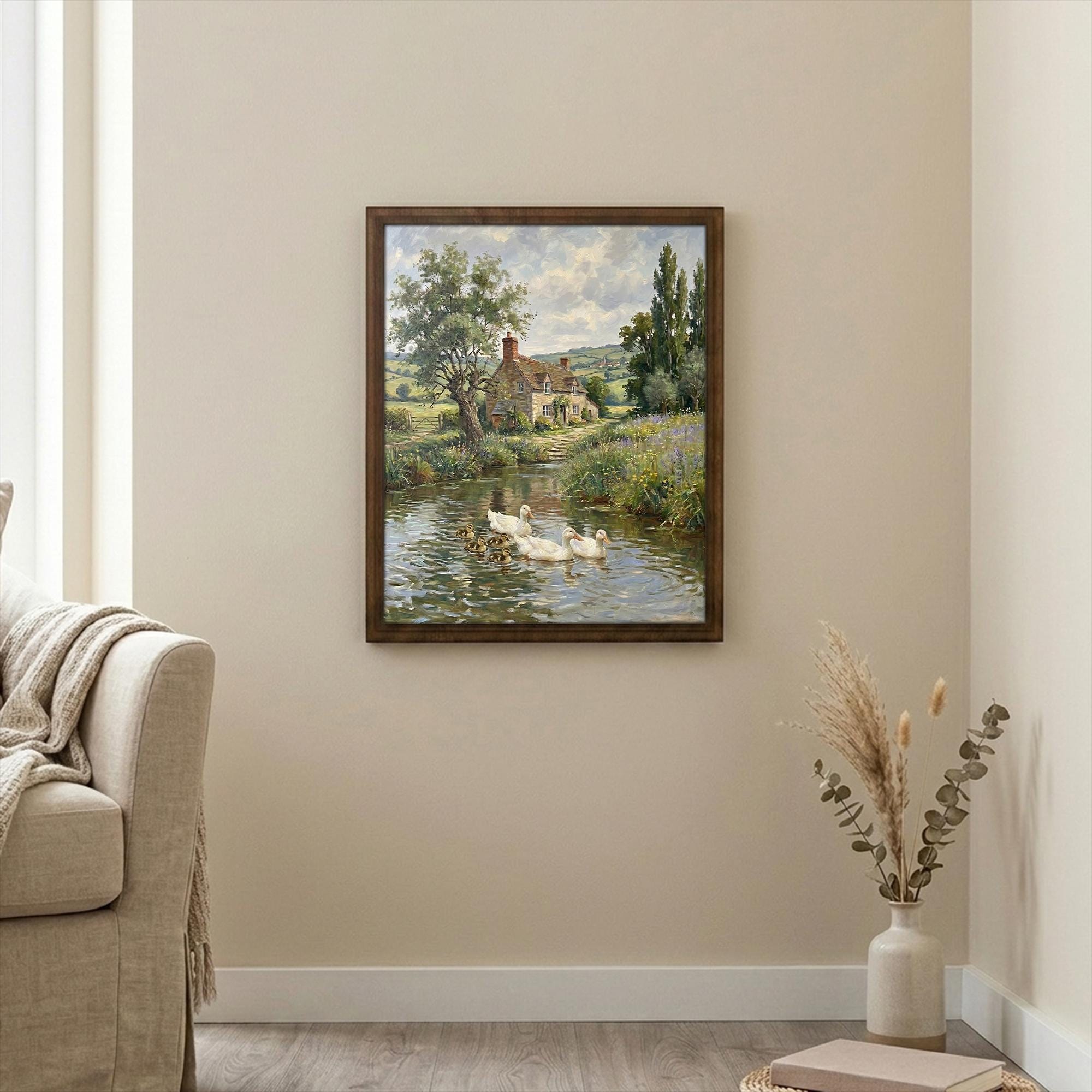 Duck Oil Painting, Countryside Landscape Wall Art, Farmhouse Decor, Framed Canvas Wood Art, Cottagecore Decor, Rustic Nature Art, Duck Print