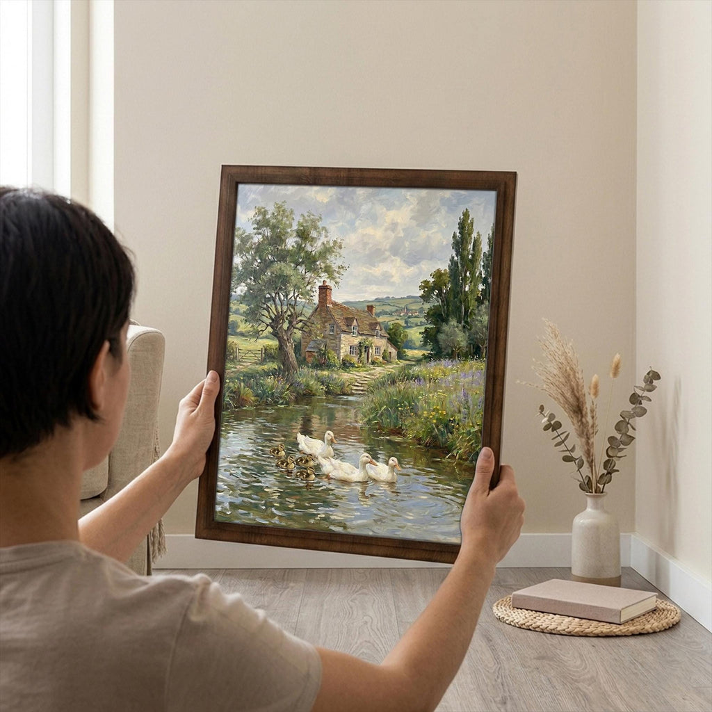 Duck Oil Painting, Countryside Landscape Wall Art, Farmhouse Decor, Framed Canvas Wood Art, Cottagecore Decor, Rustic Nature Art, Duck Print