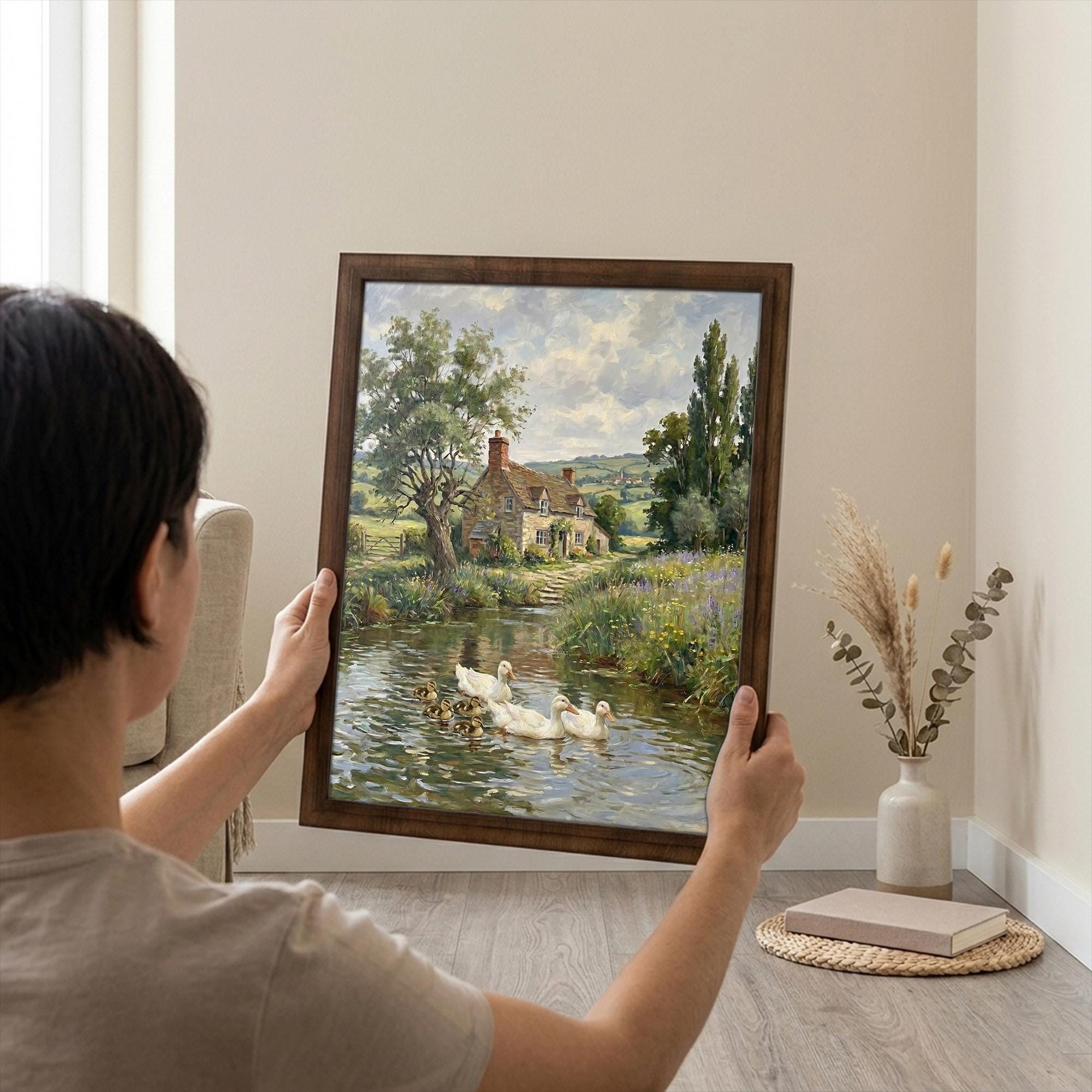 Duck Oil Painting, Countryside Landscape Wall Art, Farmhouse Decor, Framed Canvas Wood Art, Cottagecore Decor, Rustic Nature Art, Duck Print