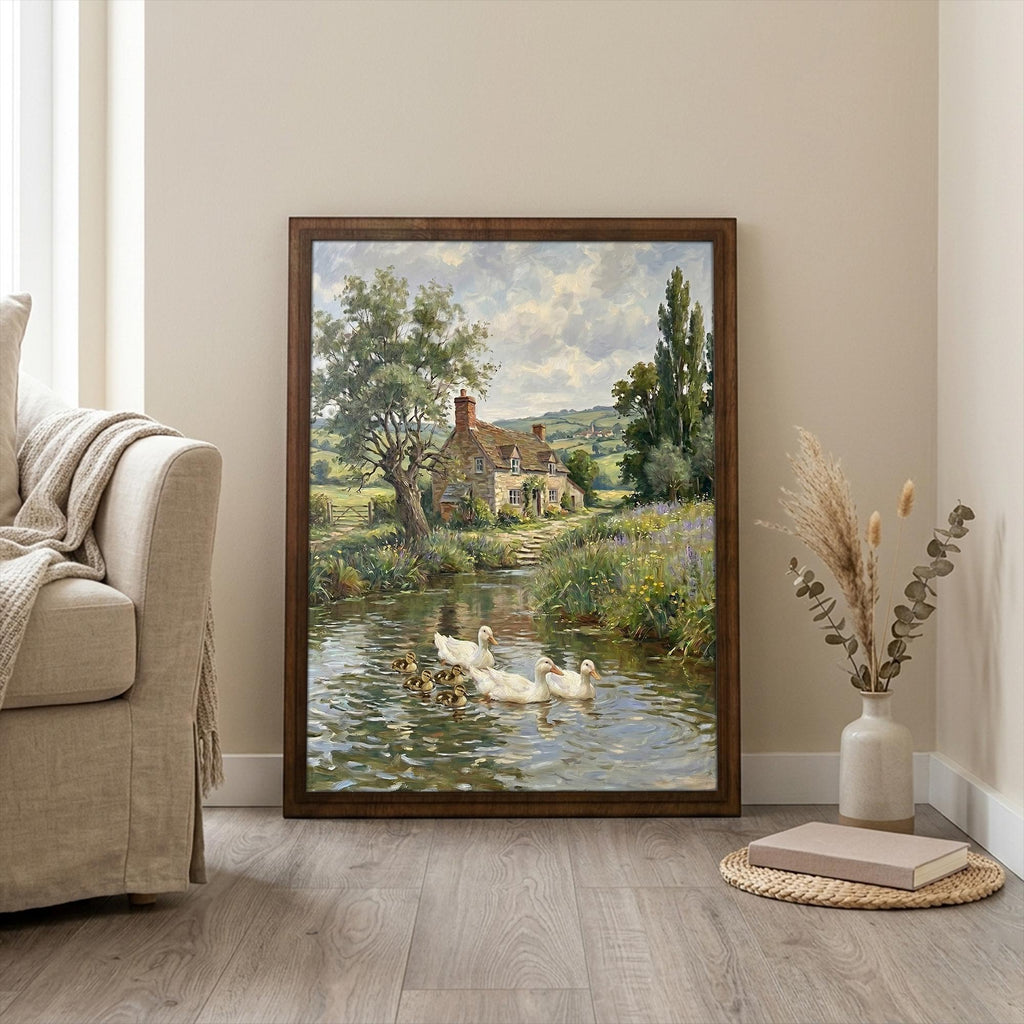 Duck Oil Painting, Countryside Landscape Wall Art, Farmhouse Decor, Framed Canvas Wood Art, Cottagecore Decor, Rustic Nature Art, Duck Print