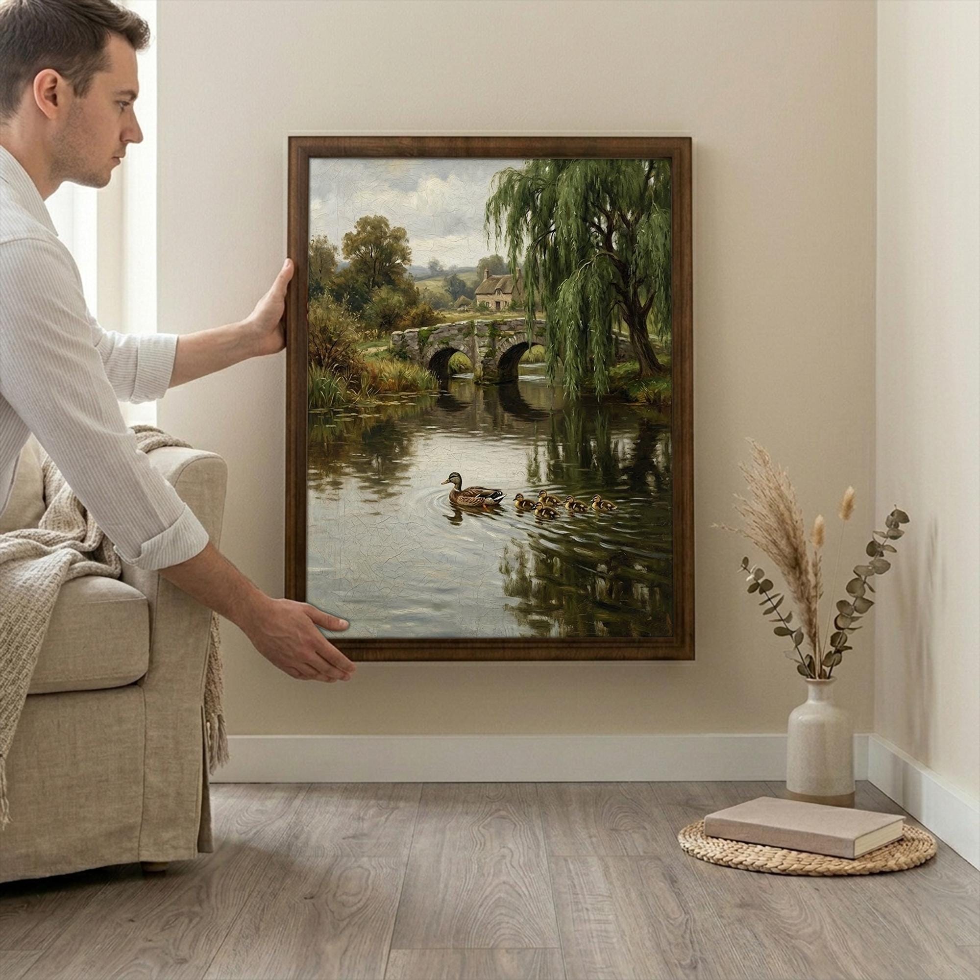 Framed Vintage Duck Painting, Antique Oil Painting Canvas, Country Cottage Wall Art, Rustic Farmhouse Decor, Stone Bridge River Landscape
