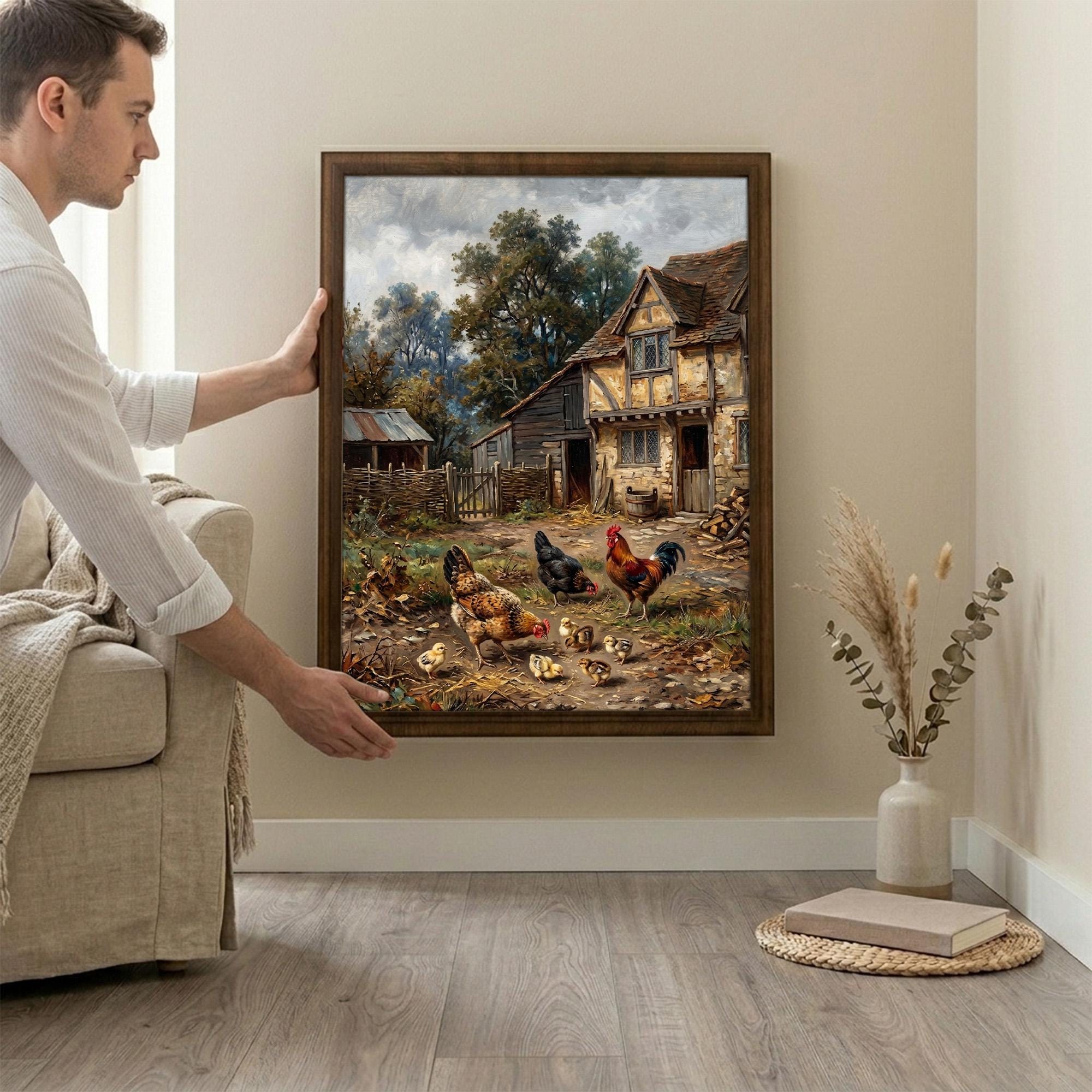 Rooster Oil Painting, Farmhouse Wall Decor, Chicken Family Art, Framed Canvas Wood Art, Cottagecore Decor, Rustic Countryside, Poultry Print