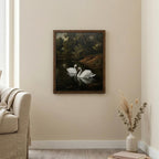 Framed Vintage Swan Painting, Antique Oil Painting Canvas, Moody Landscape Wall Art, Rustic Farmhouse Decor, Dark Academia Home Decor