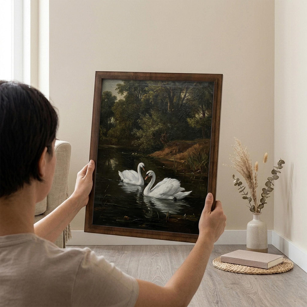 Framed Vintage Swan Painting, Antique Oil Painting Canvas, Moody Landscape Wall Art, Rustic Farmhouse Decor, Dark Academia Home Decor