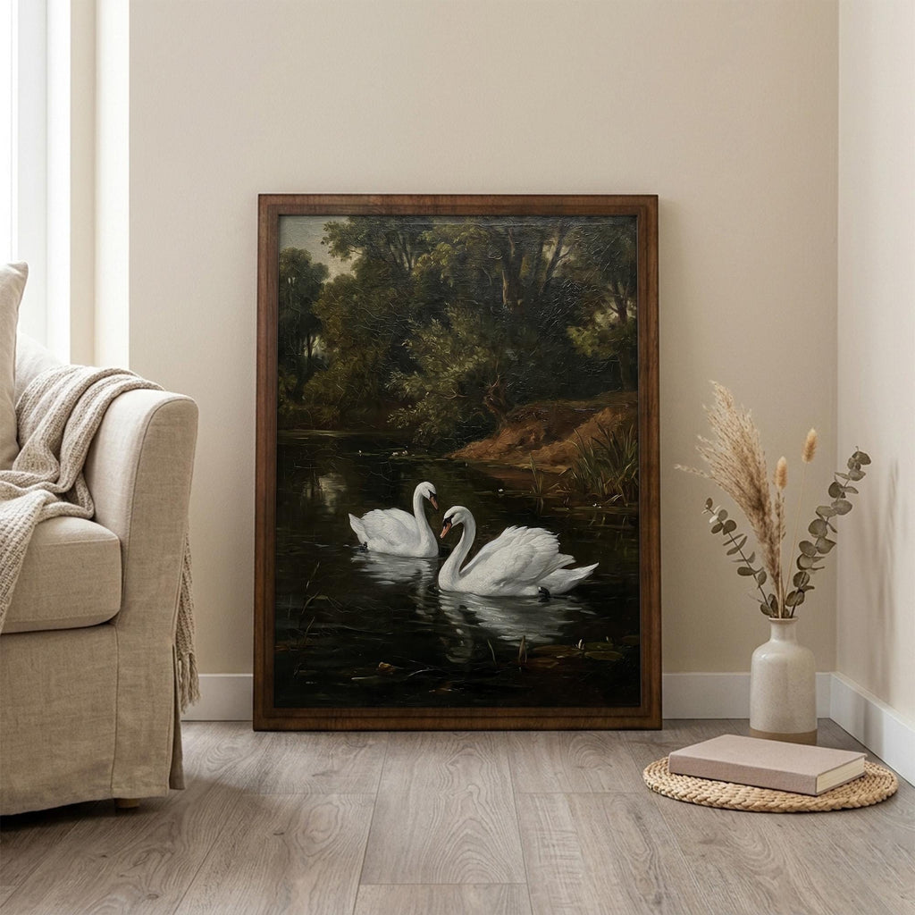 Framed Vintage Swan Painting, Antique Oil Painting Canvas, Moody Landscape Wall Art, Rustic Farmhouse Decor, Dark Academia Home Decor