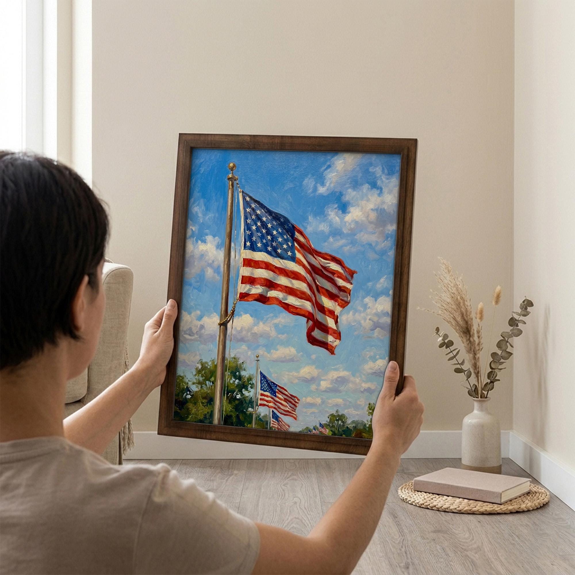 American Flag Art, Patriotic Wall Decor, 4th of July Painting, US Flag Canvas, Framed Wood Art, USA Pride Decor, Military Veteran Gift