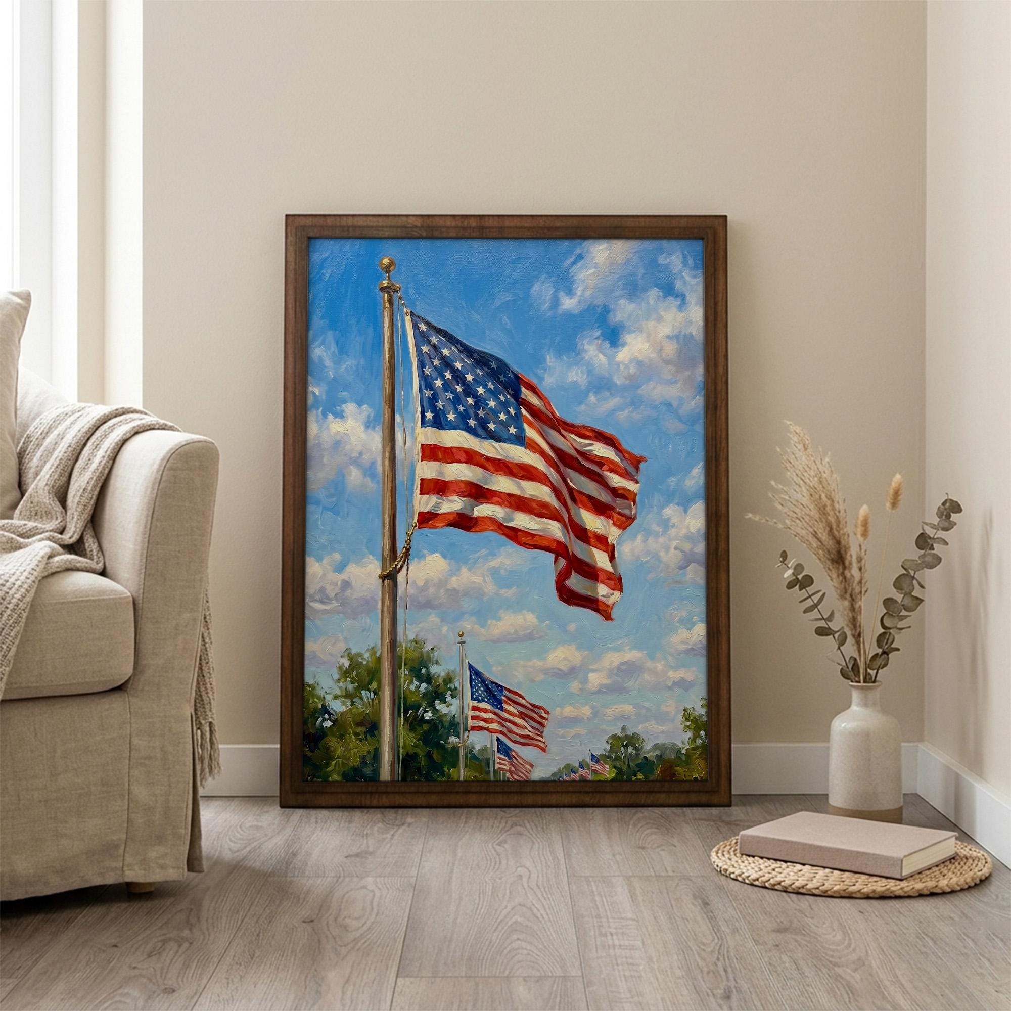 American Flag Art, Patriotic Wall Decor, 4th of July Painting, US Flag Canvas, Framed Wood Art, USA Pride Decor, Military Veteran Gift