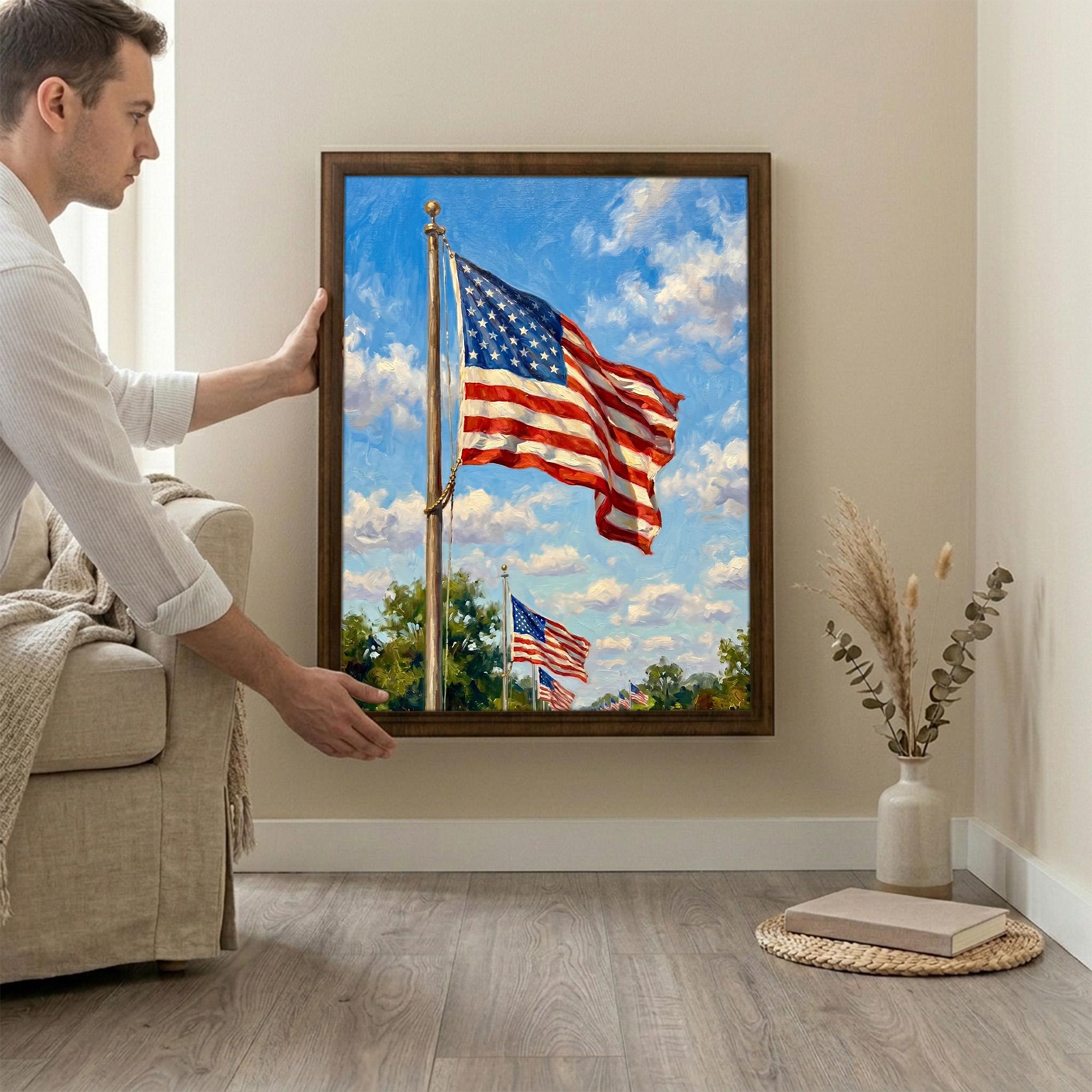 American Flag Art, Patriotic Wall Decor, 4th of July Painting, US Flag Canvas, Framed Wood Art, USA Pride Decor, Military Veteran Gift