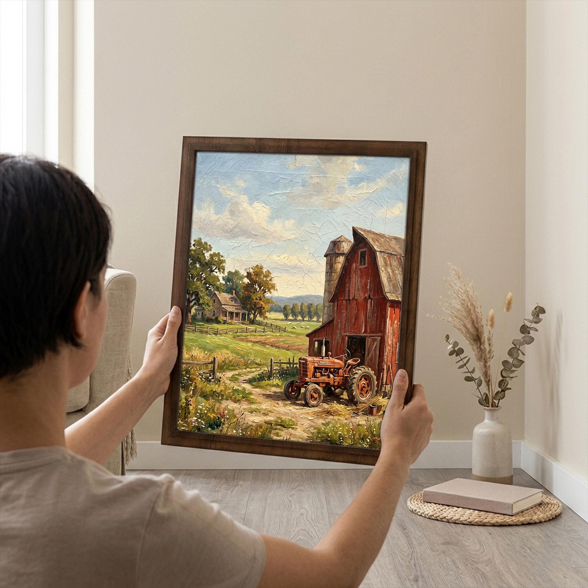 Farmhouse Wall Art, Red Barn Painting, Vintage Tractor Decor, Country Landscape Canvas, Framed Wood Art, Rustic Home Decor, Farm Print