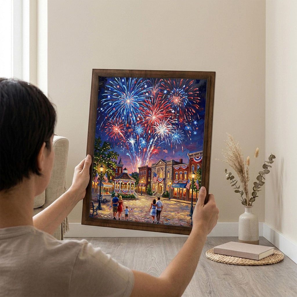 4th of July Fireworks Art, Patriotic Wall Decor, Independence Day Painting, American Flag Town Canvas, Framed Wood Decor, New Year Art Gift