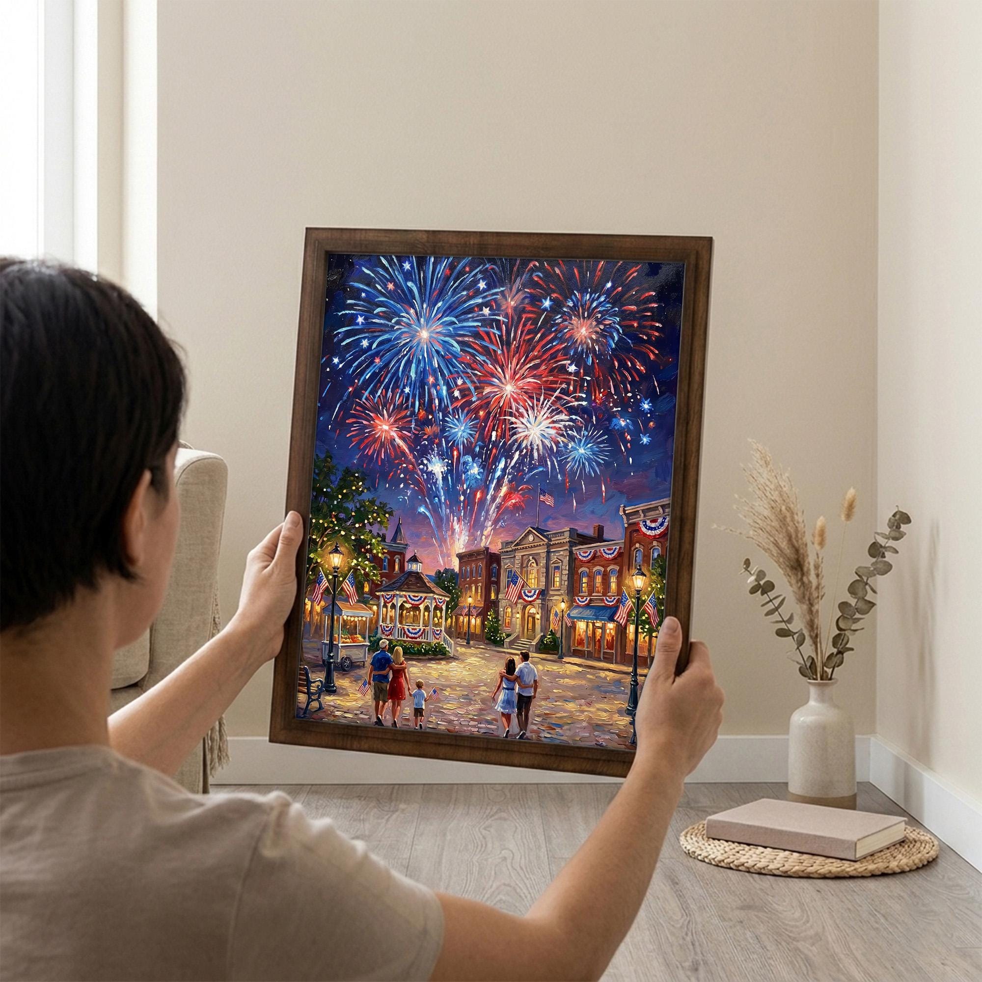 4th of July Fireworks Art, Patriotic Wall Decor, Independence Day Painting, American Flag Town Canvas, Framed Wood Decor, New Year Art Gift