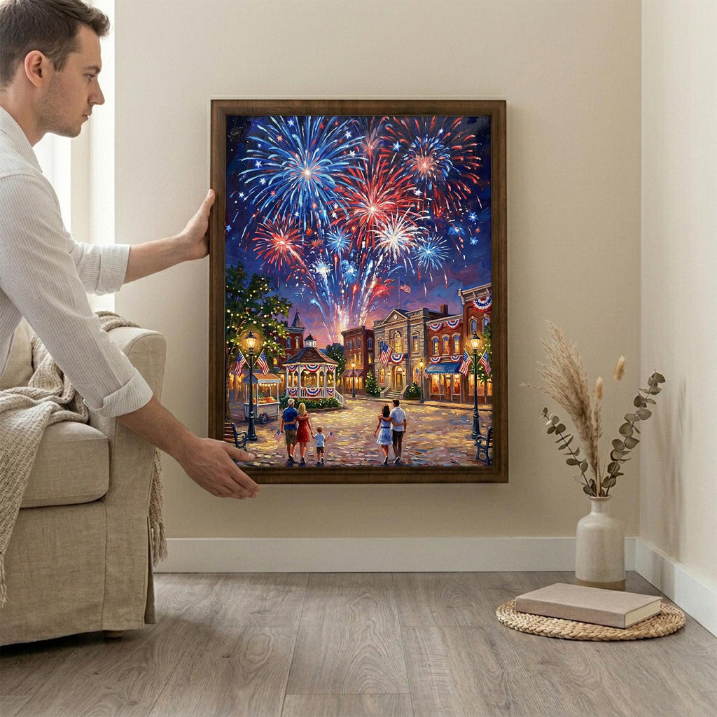 4th of July Fireworks Art, Patriotic Wall Decor, Independence Day Painting, American Flag Town Canvas, Framed Wood Decor, New Year Art Gift