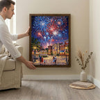 4th of July Fireworks Art, Patriotic Wall Decor, Independence Day Painting, American Flag Town Canvas, Framed Wood Decor, New Year Art Gift