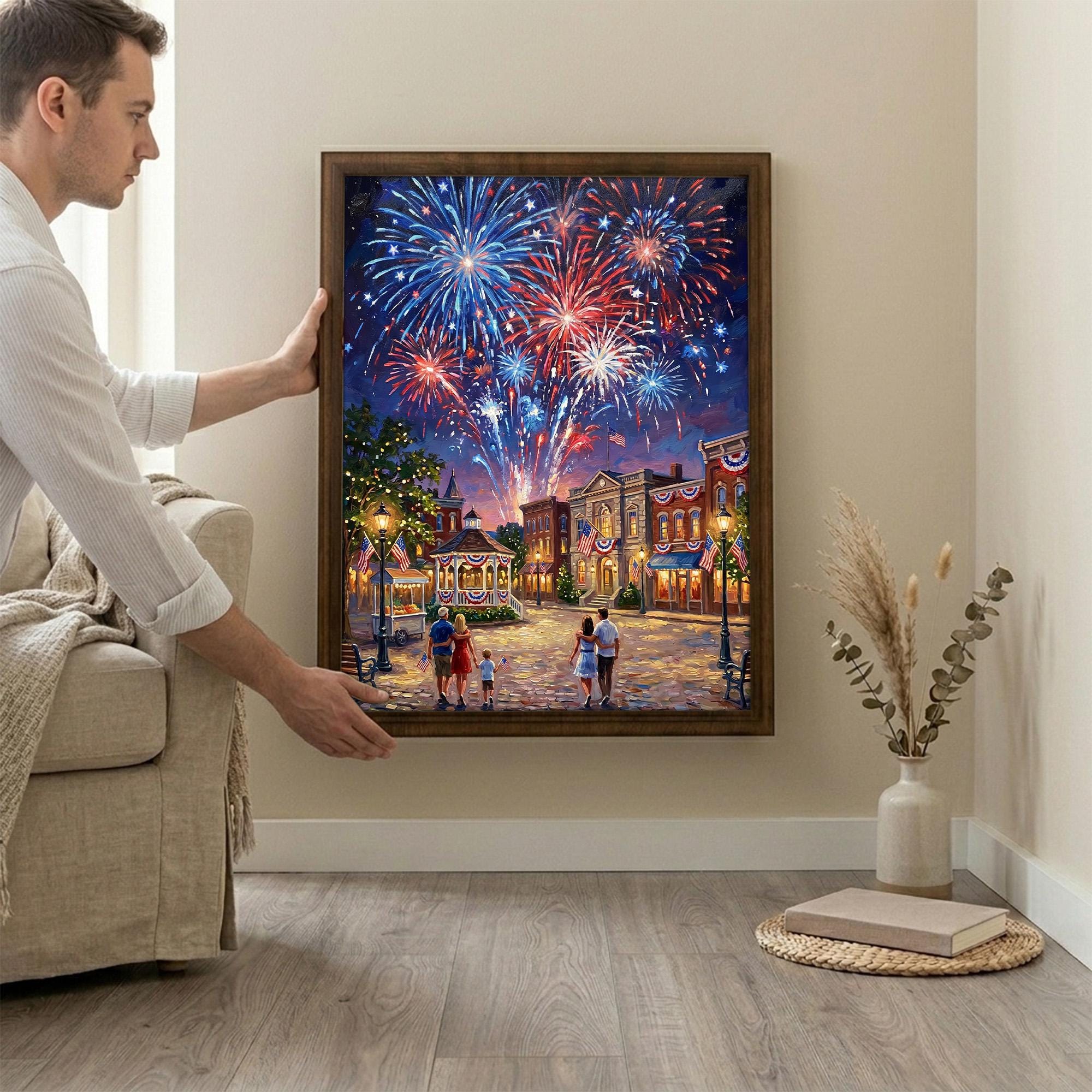 4th of July Fireworks Art, Patriotic Wall Decor, Independence Day Painting, American Flag Town Canvas, Framed Wood Decor, New Year Art Gift