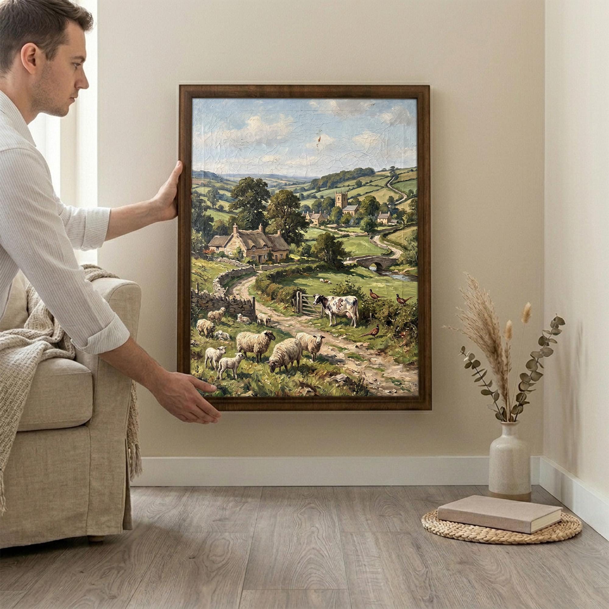 Cottagecore Wall Art, Farmhouse Landscape Painting, Vintage Countryside Print, Sheep and Cows Canvas, Rustic Home Decor, English Village Art