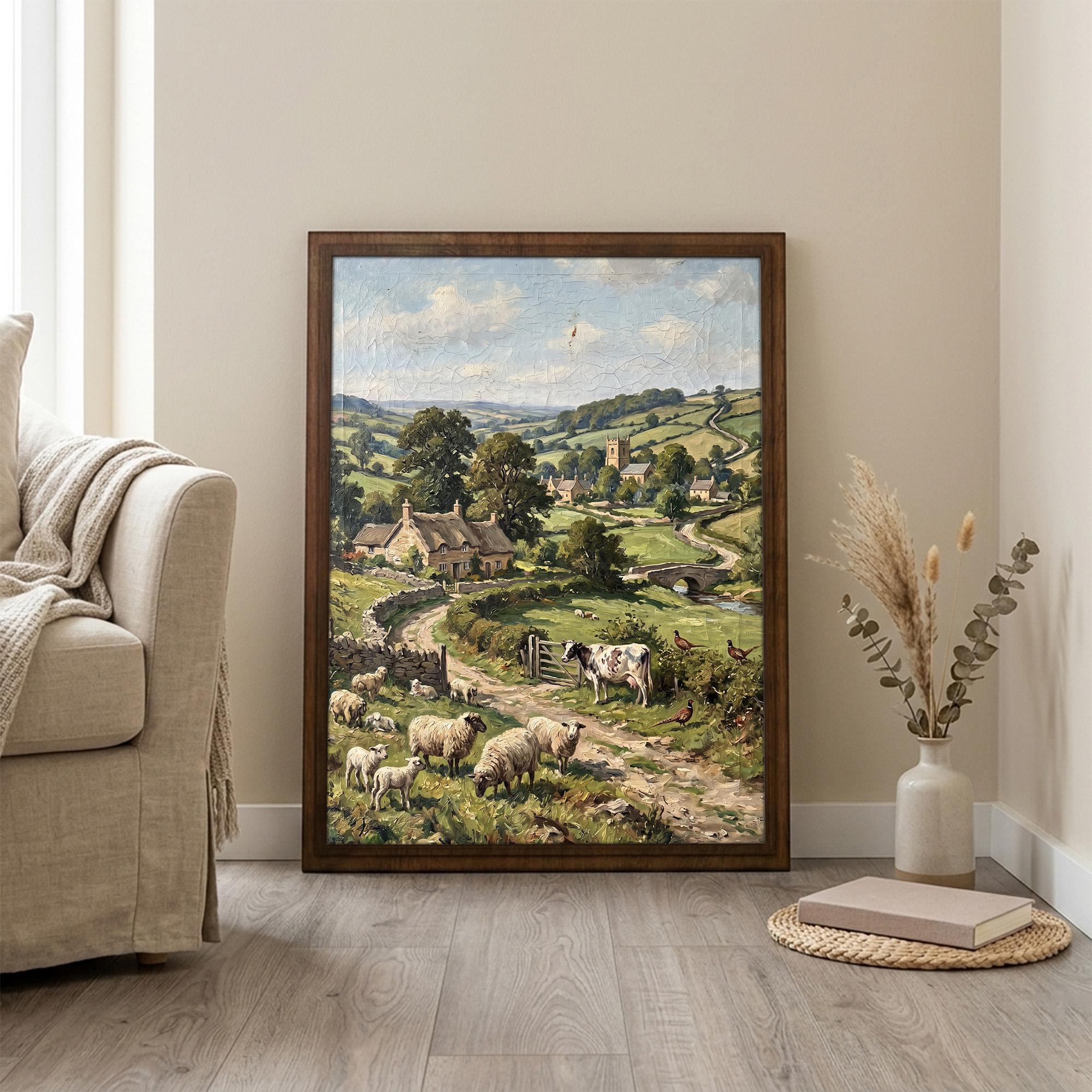 Cottagecore Wall Art, Farmhouse Landscape Painting, Vintage Countryside Print, Sheep and Cows Canvas, Rustic Home Decor, English Village Art