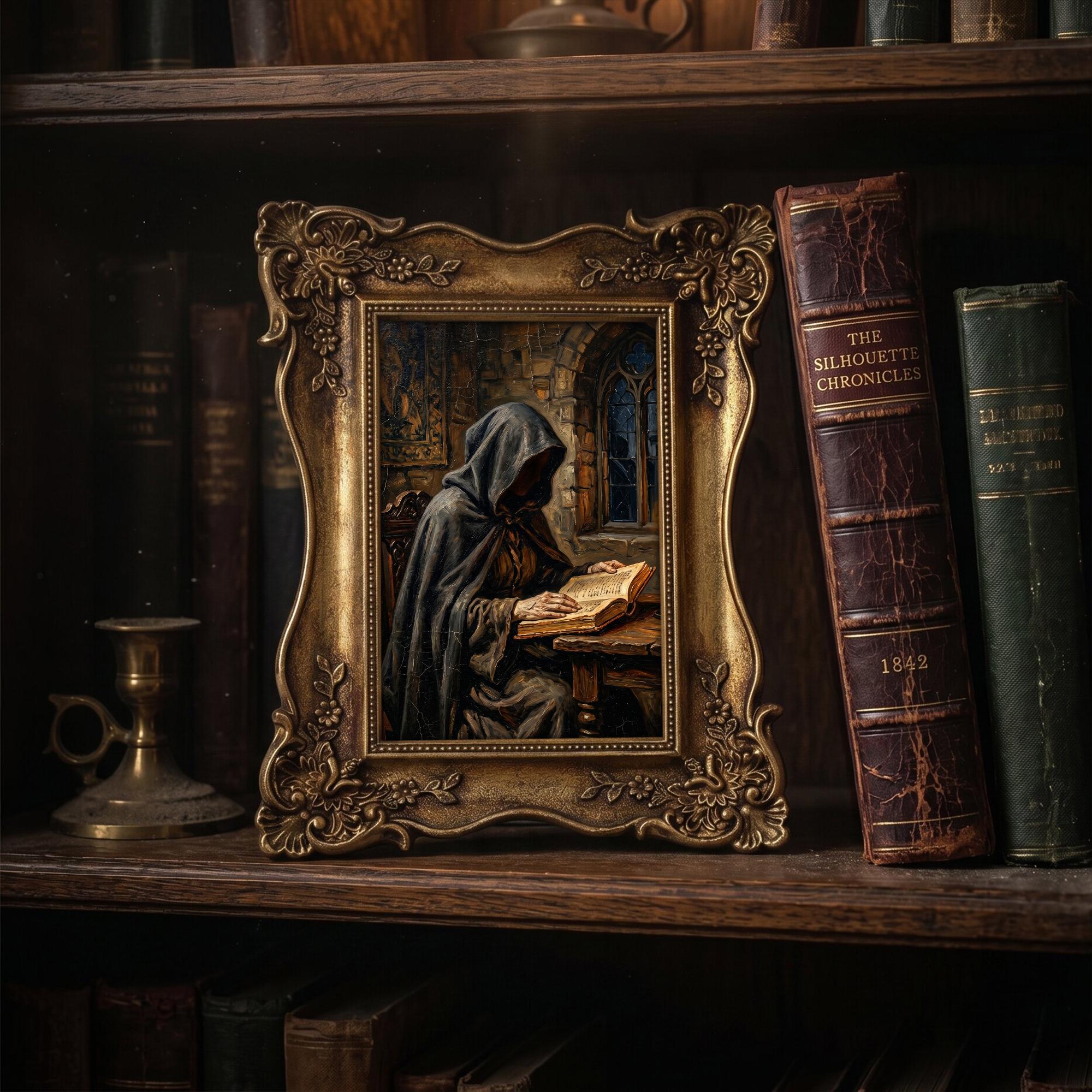 Mystical Monk Scholar, Gothic Renaissance Art, Wizard Alchemist Canvas, Medieval fantasy Decor, Framed dark art, Vintage Occult print