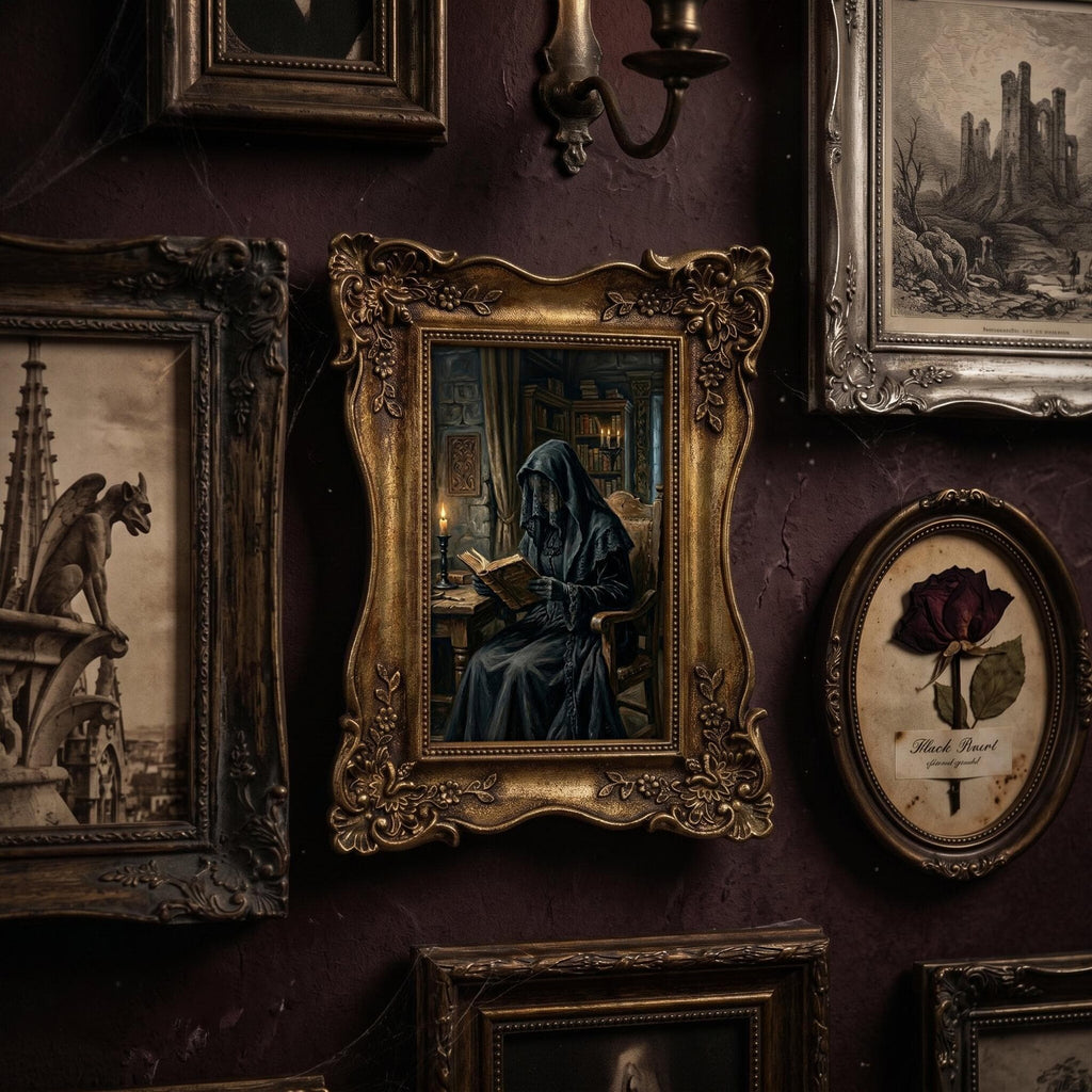 Dark Academia Wall Art, Gothic Victorian Decor, Grim Reaper Canvas, Witchy Room Aesthetics, Ornate Framed Print, Haunted Library Painting
