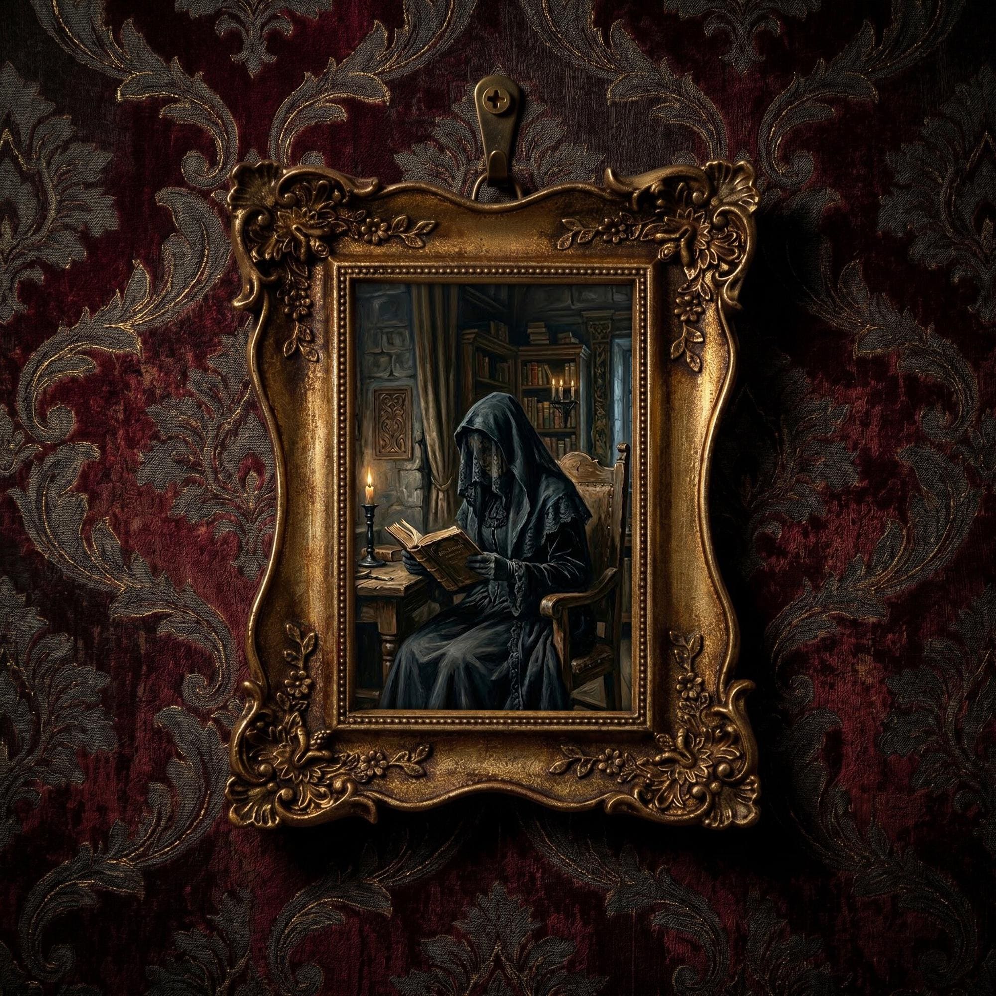 Dark Academia Wall Art, Gothic Victorian Decor, Grim Reaper Canvas, Witchy Room Aesthetics, Ornate Framed Print, Haunted Library Painting