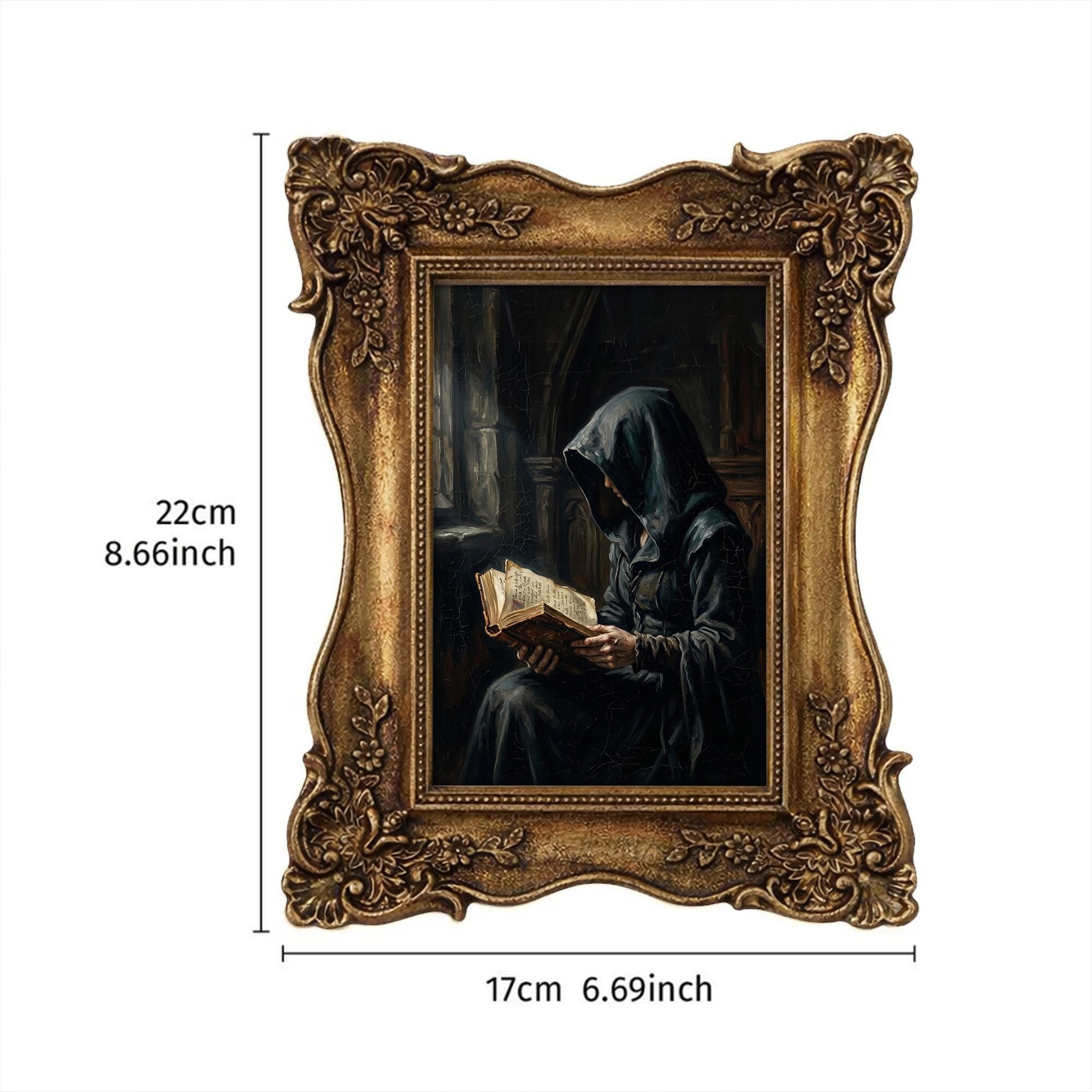 Dark Academia Wall Art, Gothic Monk Painting, Mystical Witchy Decor, Ornate Framed Canvas, Vintage Medieval Print, Haunted Library Decor