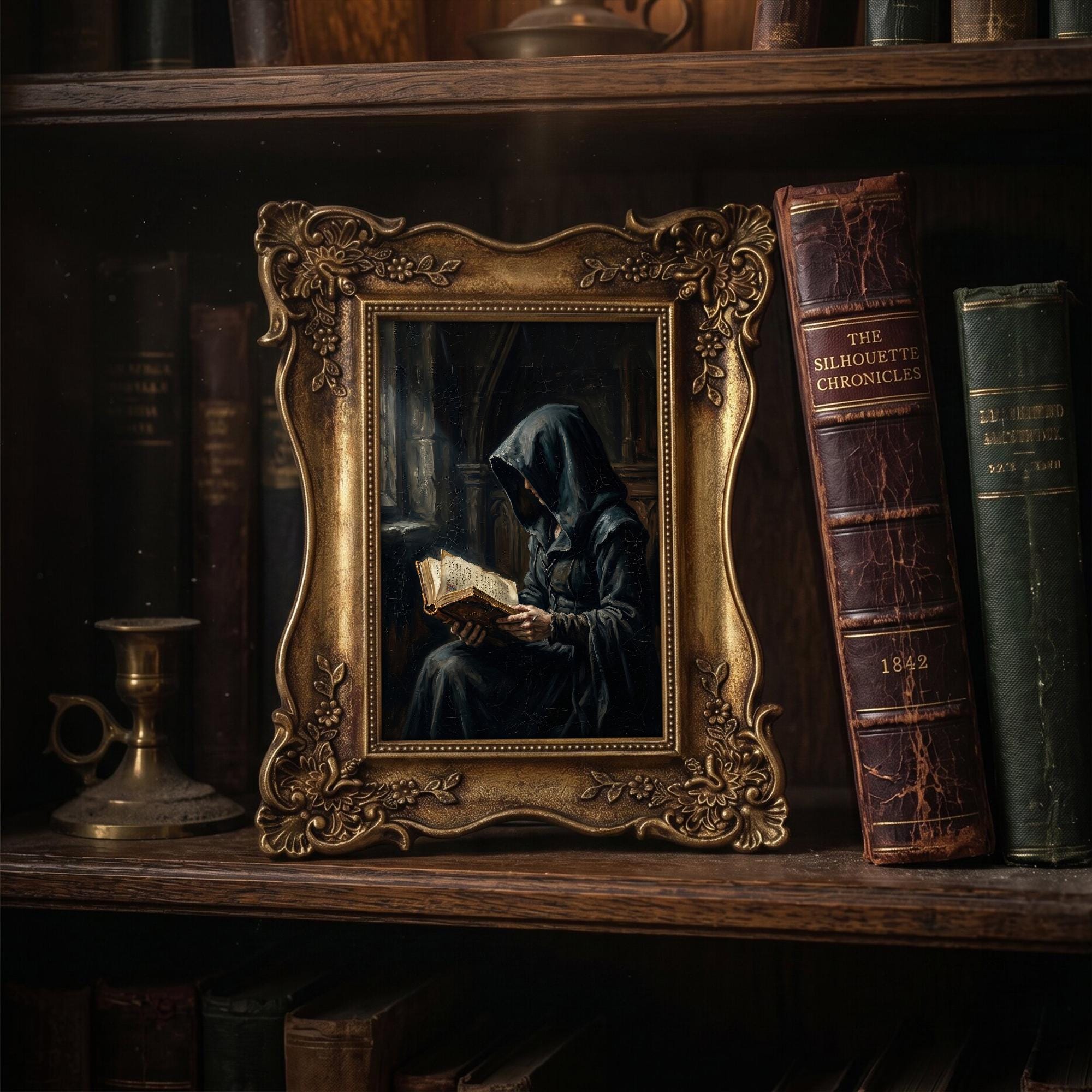 Dark Academia Wall Art, Gothic Monk Painting, Mystical Witchy Decor, Ornate Framed Canvas, Vintage Medieval Print, Haunted Library Decor