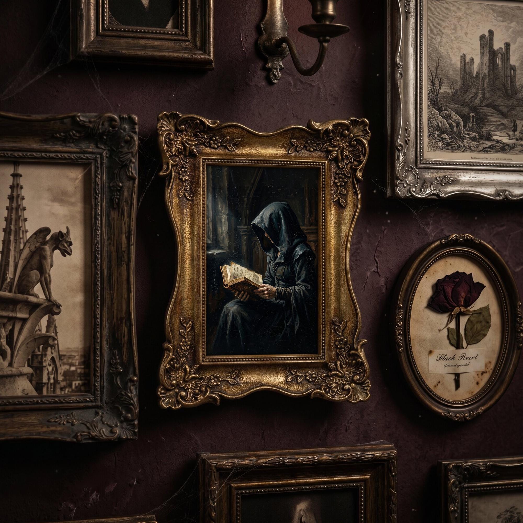 Dark Academia Wall Art, Gothic Monk Painting, Mystical Witchy Decor, Ornate Framed Canvas, Vintage Medieval Print, Haunted Library Decor