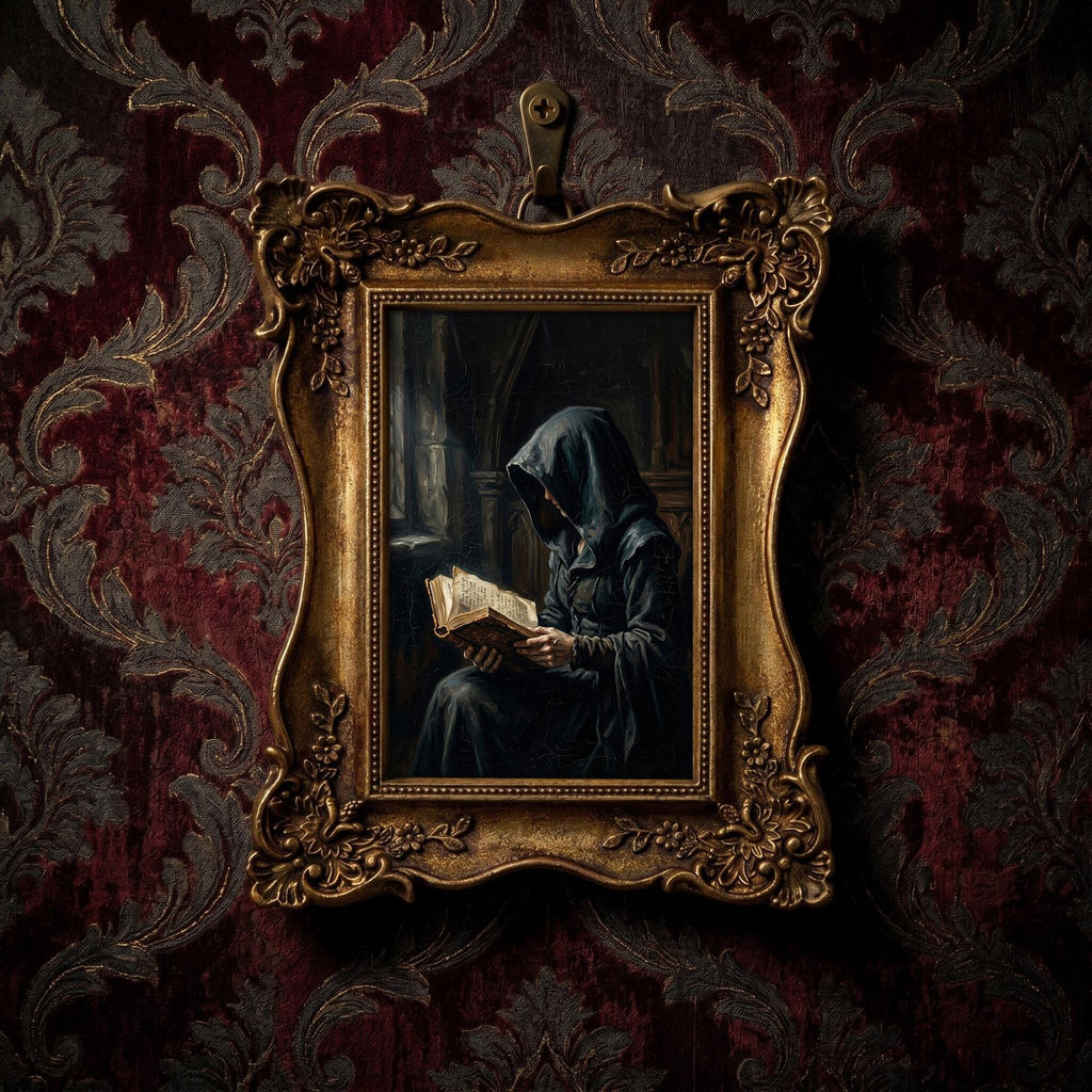 Dark Academia Wall Art, Gothic Monk Painting, Mystical Witchy Decor, Ornate Framed Canvas, Vintage Medieval Print, Haunted Library Decor