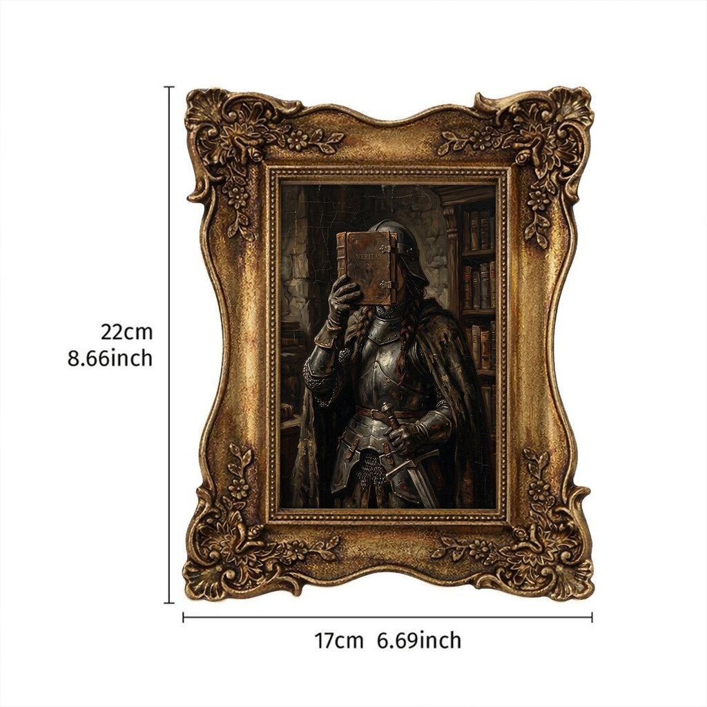 Dark Academia Wall Art, Medieval Knight Painting, Gothic Fantasy Decor, Ornate Framed Canvas, Vintage Library Print, Sword and Book Art
