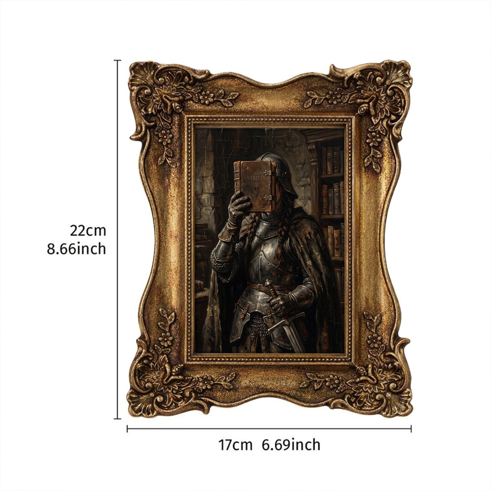 Dark Academia Wall Art, Medieval Knight Painting, Gothic Fantasy Decor, Ornate Framed Canvas, Vintage Library Print, Sword and Book Art