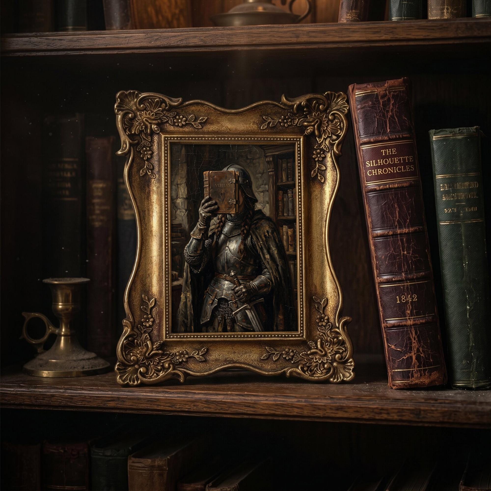 Dark Academia Wall Art, Medieval Knight Painting, Gothic Fantasy Decor, Ornate Framed Canvas, Vintage Library Print, Sword and Book Art