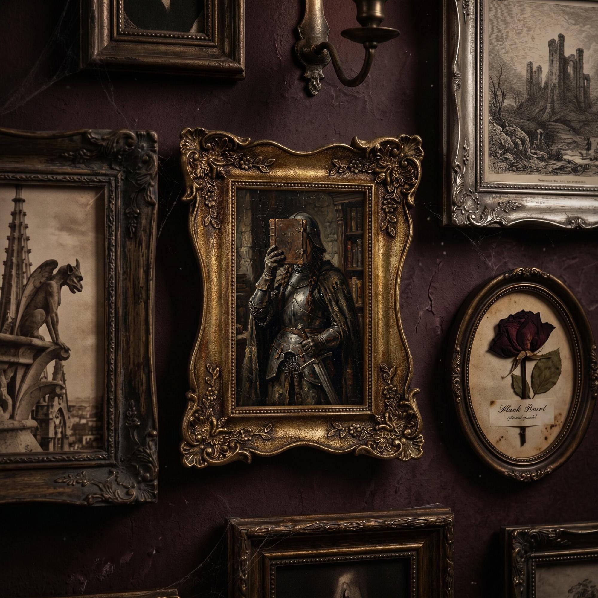 Dark Academia Wall Art, Medieval Knight Painting, Gothic Fantasy Decor, Ornate Framed Canvas, Vintage Library Print, Sword and Book Art