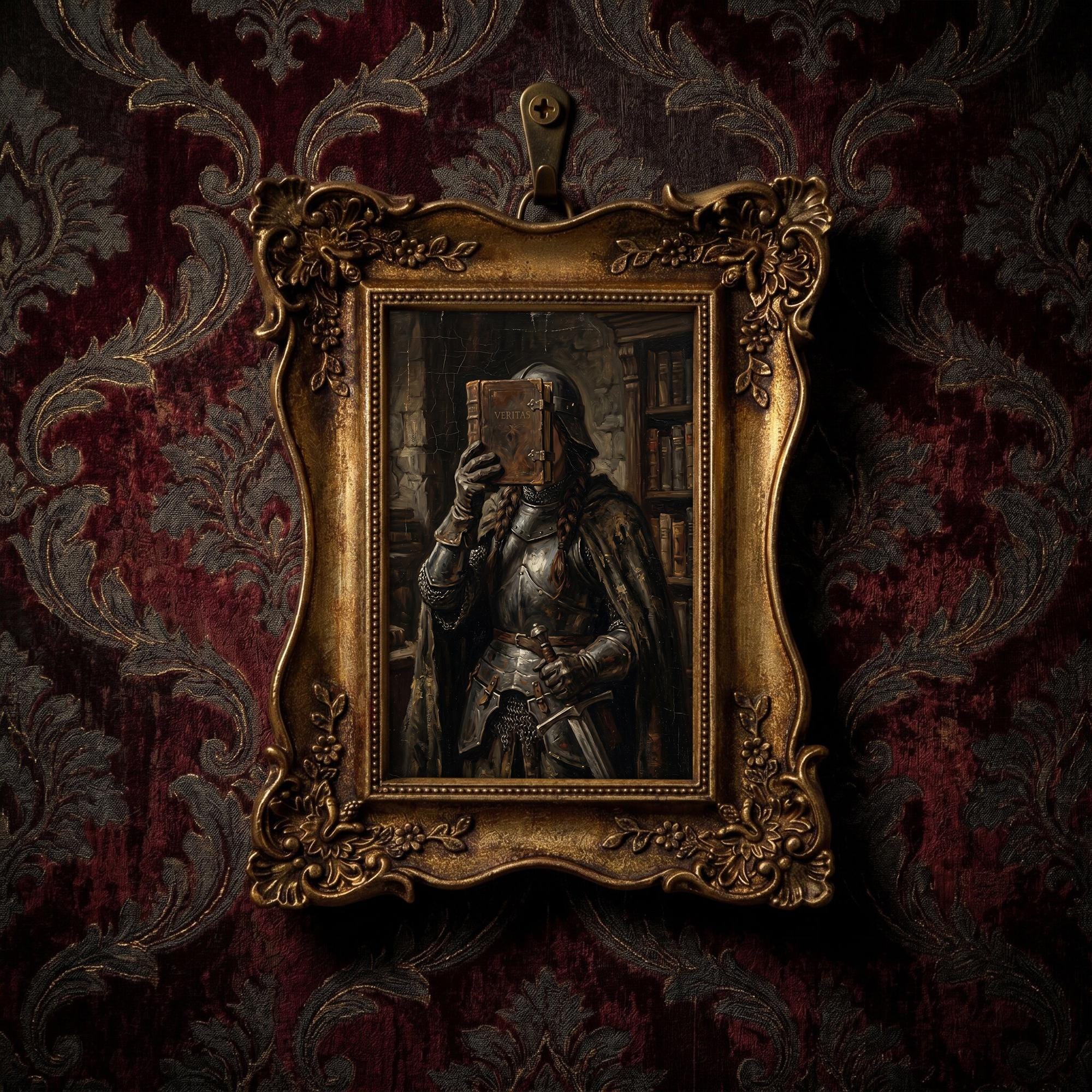 Dark Academia Wall Art, Medieval Knight Painting, Gothic Fantasy Decor, Ornate Framed Canvas, Vintage Library Print, Sword and Book Art