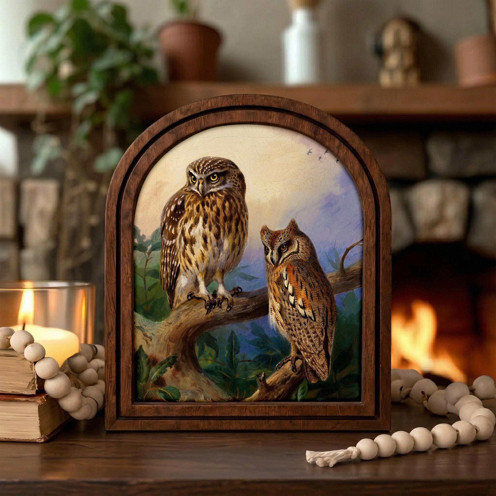 Vintage Owl Art, Arched Wood Frame, Dark Academia Decor, Owl Painting on Branch, Whimsical Gothic Wall Art, Cottagecore Framed Canvas Print