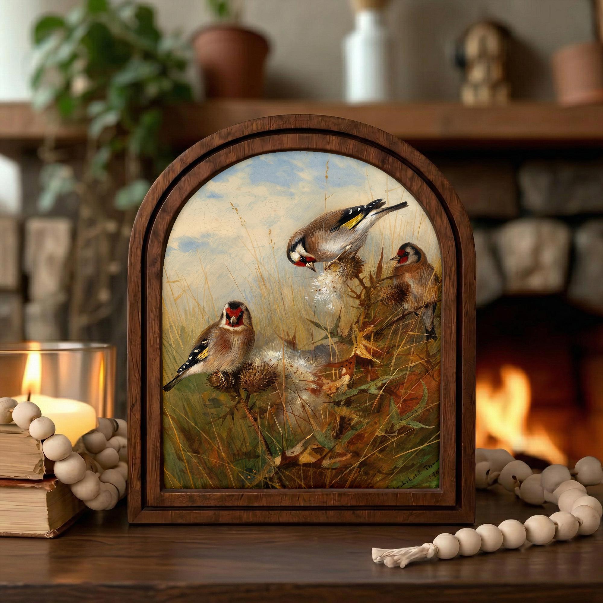 Vintage Bird Art, Arched Wood Frame, Goldfinch Painting, Botanical Nature Decor, Cottagecore Wall Art, Framed Canvas Print, European Art