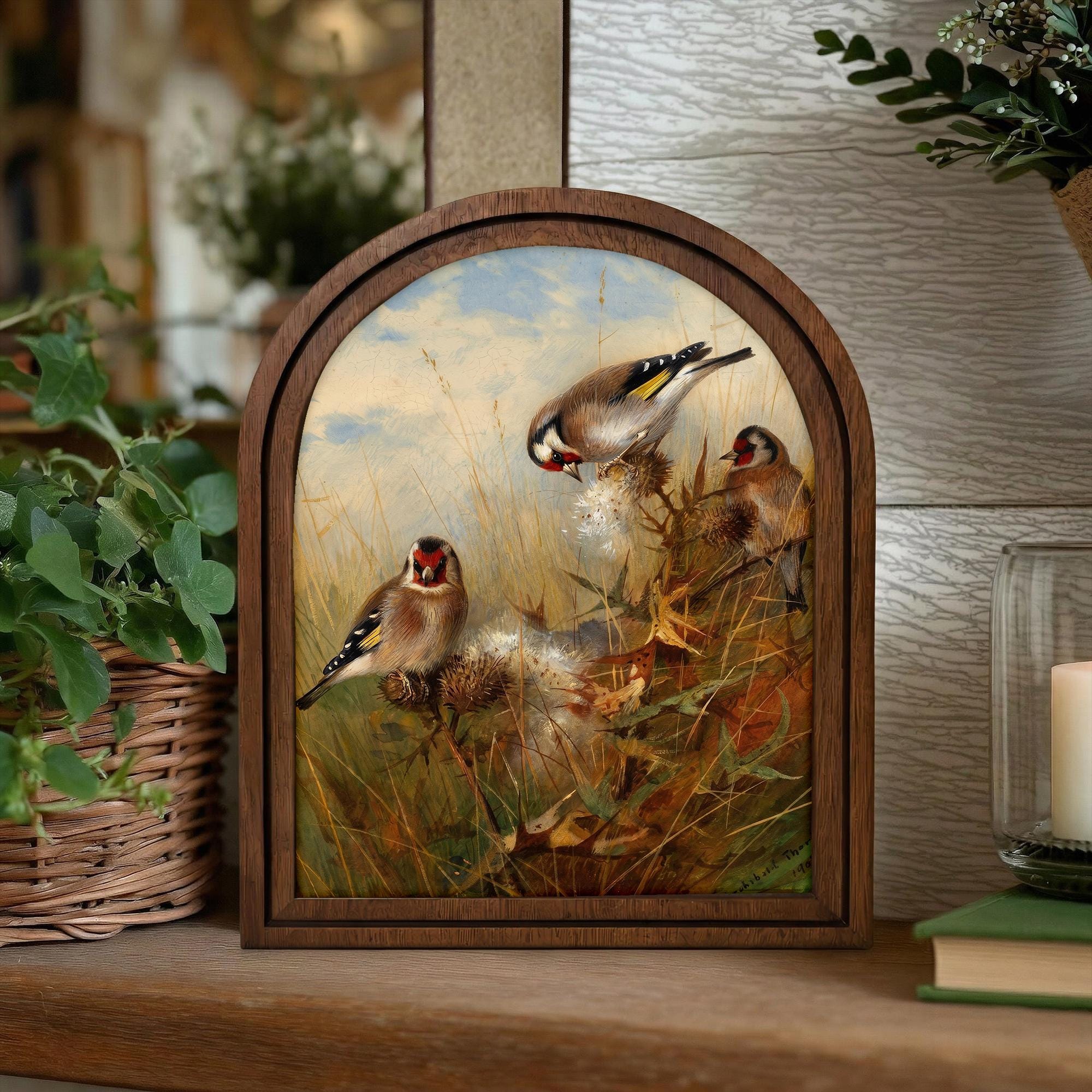 Vintage Bird Art, Arched Wood Frame, Goldfinch Painting, Botanical Nature Decor, Cottagecore Wall Art, Framed Canvas Print, European Art