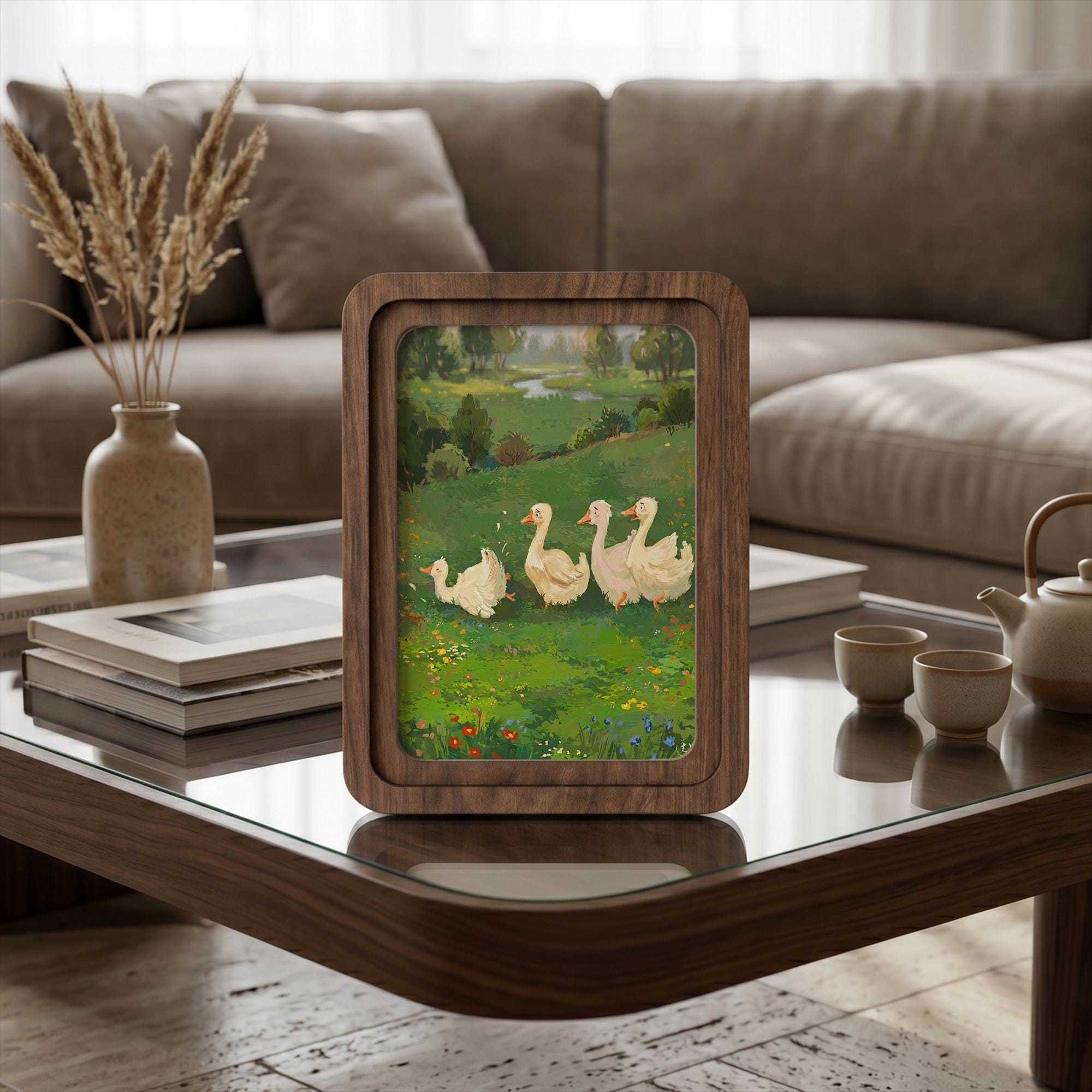 Duck Wall Art, Wooden Nursery Decor, Plywood Canvas Art, Goose Meadow Painting, Kids Room Wall Decor, Wood Picture Frame, Housewarming Gift