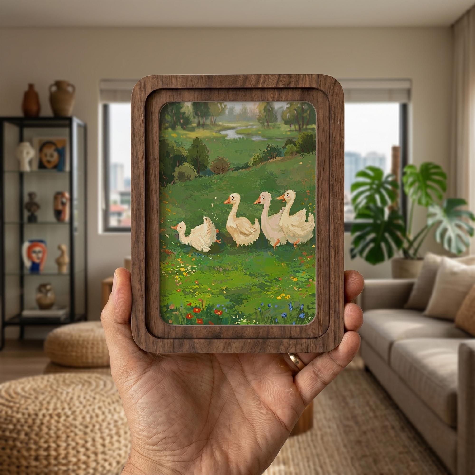 Duck Wall Art, Wooden Nursery Decor, Plywood Canvas Art, Goose Meadow Painting, Kids Room Wall Decor, Wood Picture Frame, Housewarming Gift