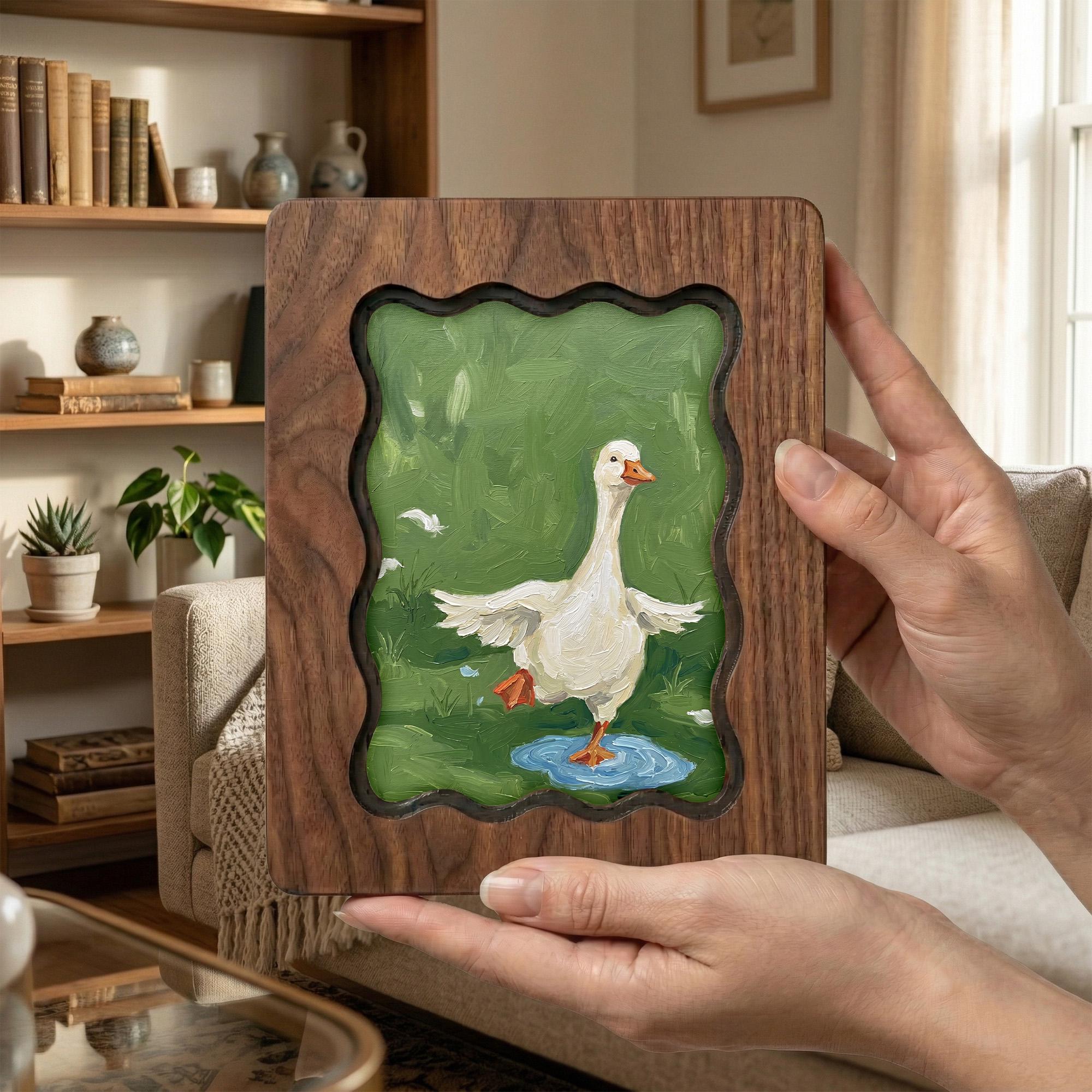 Duck Wall Art, Wavy Wood Frame, Nursery Wall Decor, Goose Painting, Kids Room Decor, Scalloped Picture Frame, Wood Canvas Art, Animal Gift